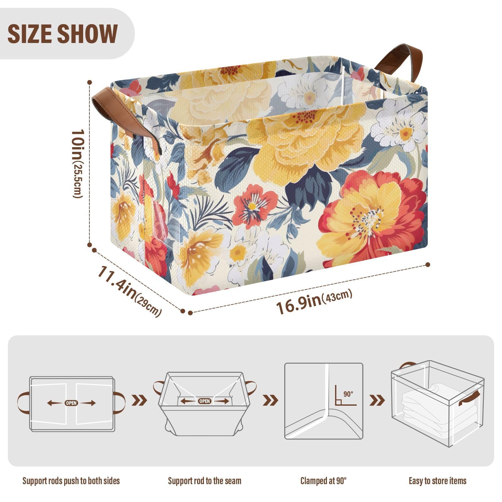 Emelivor Classic Red Floral Foldable Storage Bins with Handles - Rectangular Organizing Baskets for Shelves, Nursery, Closet & Home Decor | Perfect for Bedroom, Bathroom & Office Organization