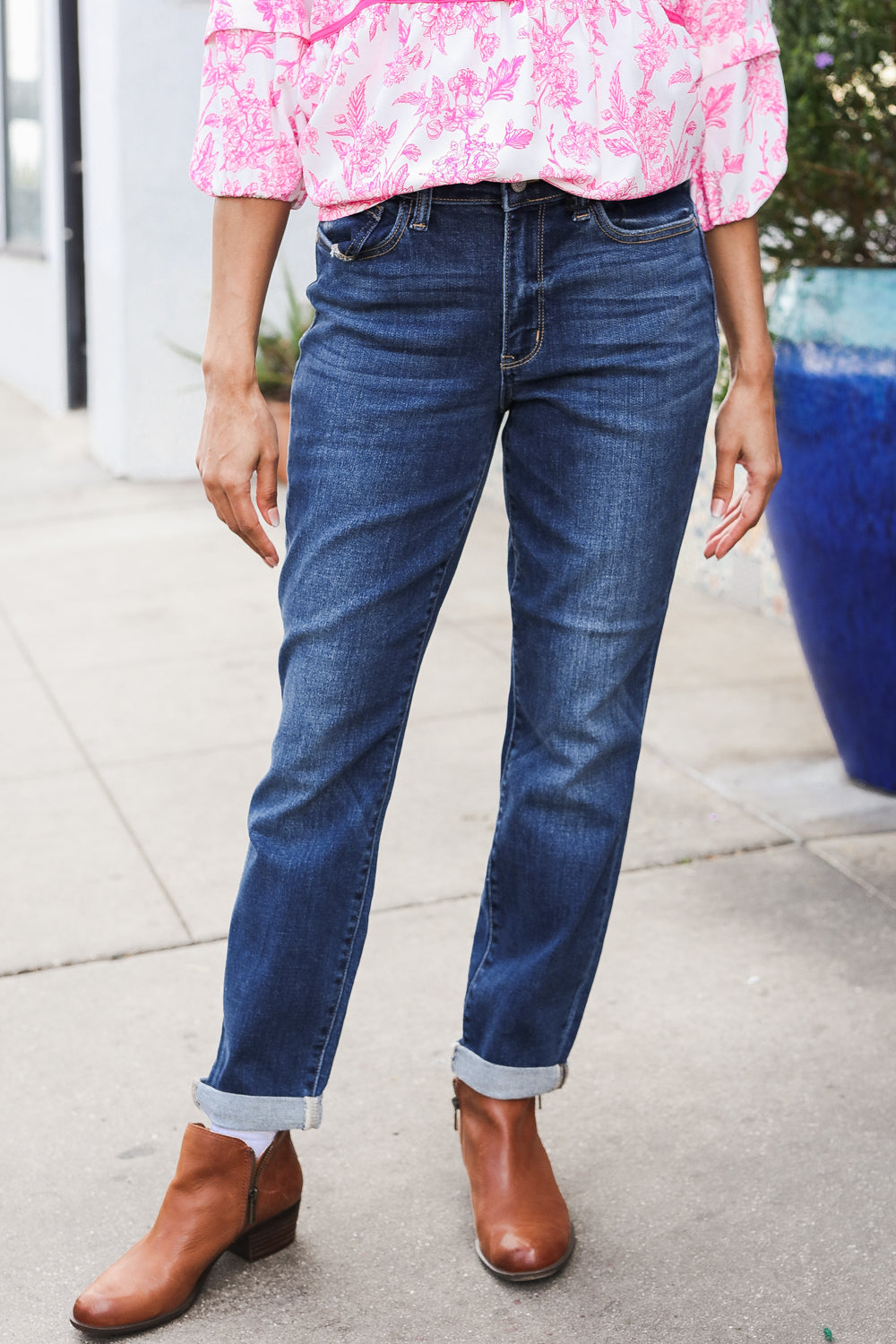 Judy Blue Mid Rise Cuffed Boyfriend Straight Leg Jeans for Women - Comfortable Stretch Denim Pants, Casual Everyday Wear, Perfect for Work & Weekend Outfits