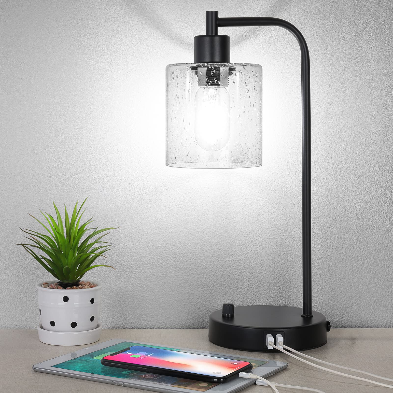 Industrial Table Lamp with Stepless Dimming & 2 USB Ports - Seeded Glass Shade LED Desk Light for Bedroom, Office, Living Room (Daylight White) - Perfect for Reading, Working & Nightstand Use