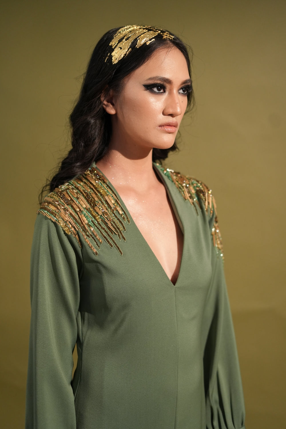 Elegant Dark Jade Green Slit Dress with Metallic Gold Embellishments - Perfect for Evening Parties, Cocktail Events & Special Occasions