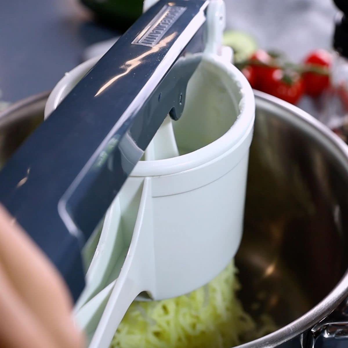 Stainless Steel & Plastic Potato Press - Easy to Use, 35x9x12.5cm (White/Blue/Silver) - Perfect for Mashed Potatoes, Baby Food & Cooking Prep