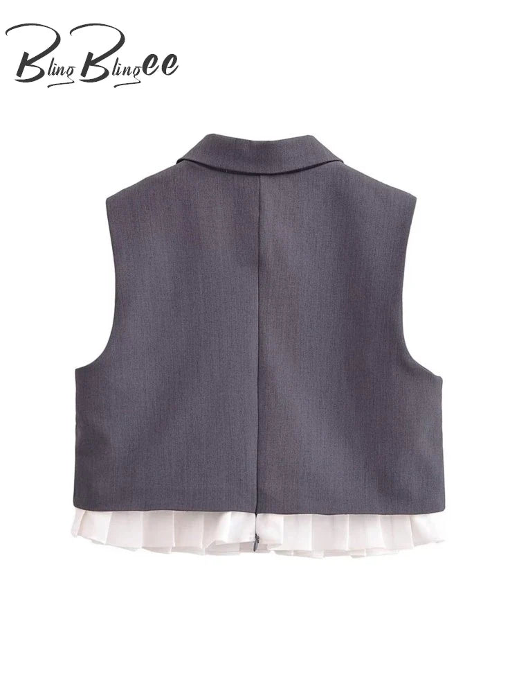 BlingBlingee Women's Summer Sleeveless Crop Top & Pleated Mini Skirt Set - Y2K Grey Patchwork Outfit for Casual Wear, Beach Vacation & Street Style Fashion