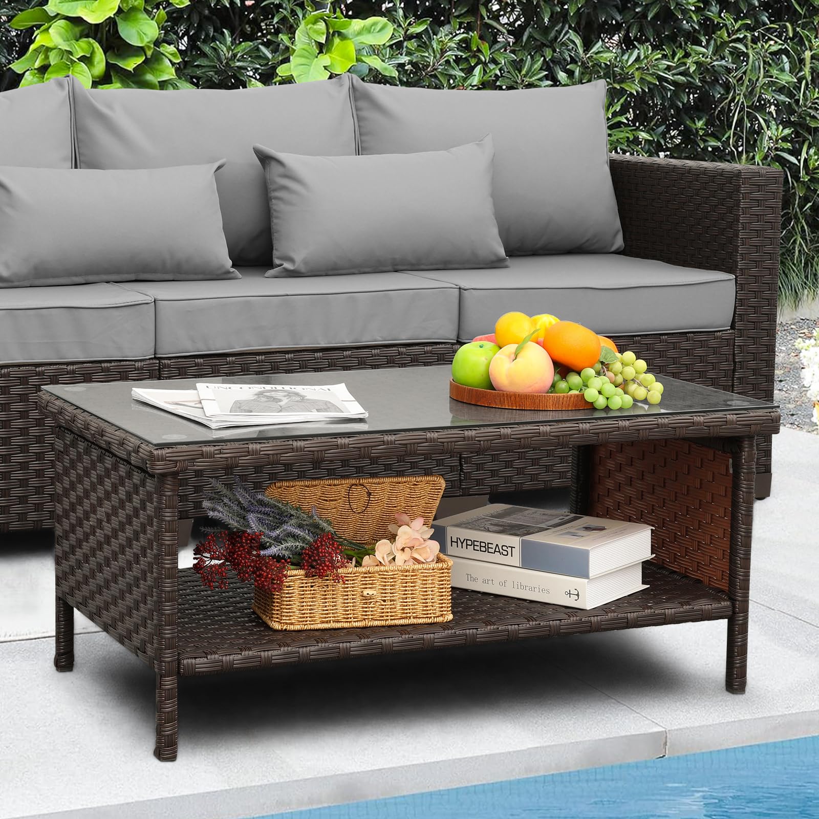 Outdoor Wicker Coffee Table - 2-Tier Rattan Patio Furniture with Glass Top & Storage Space, Includes Weatherproof Cover - Perfect for Garden, Balcony, Poolside & Backyard Relaxation (Brown)
