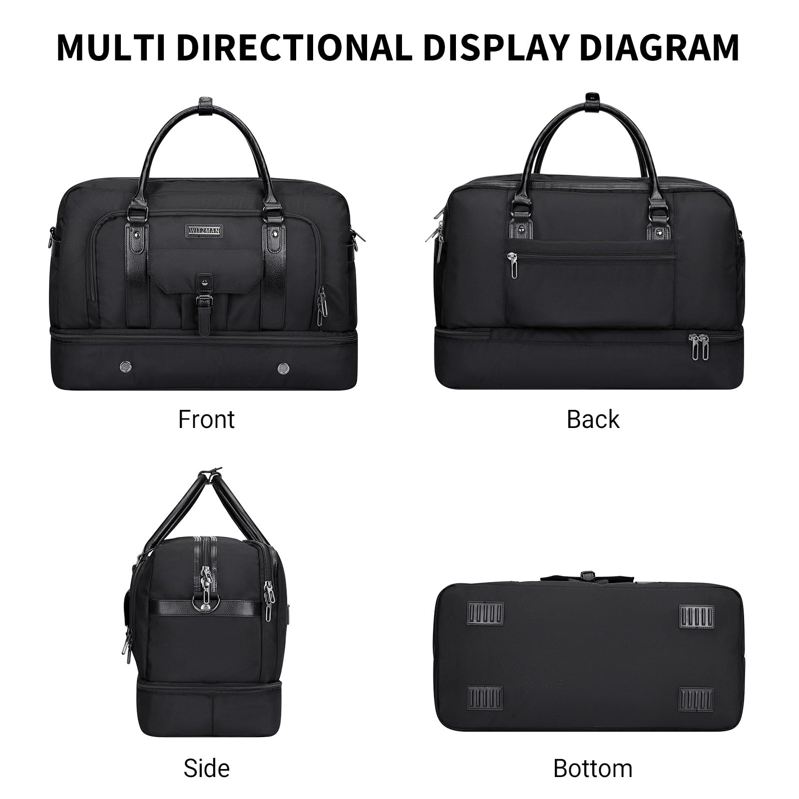 WITZMAN Weekender Travel Duffle Bag for Men & Women - Carry On Overnight Bag with Toiletry Kit & Shoe Compartment (Black B694) - Perfect for Gym, Business Trips & Weekend Getaways