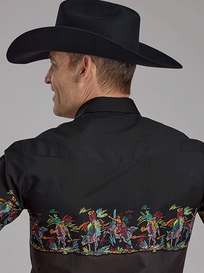 Vintage Style Border Print Long Sleeve Shirt for Men - Black Roper Western Shirt | Casual Wear & Cowboy Themed Outfits