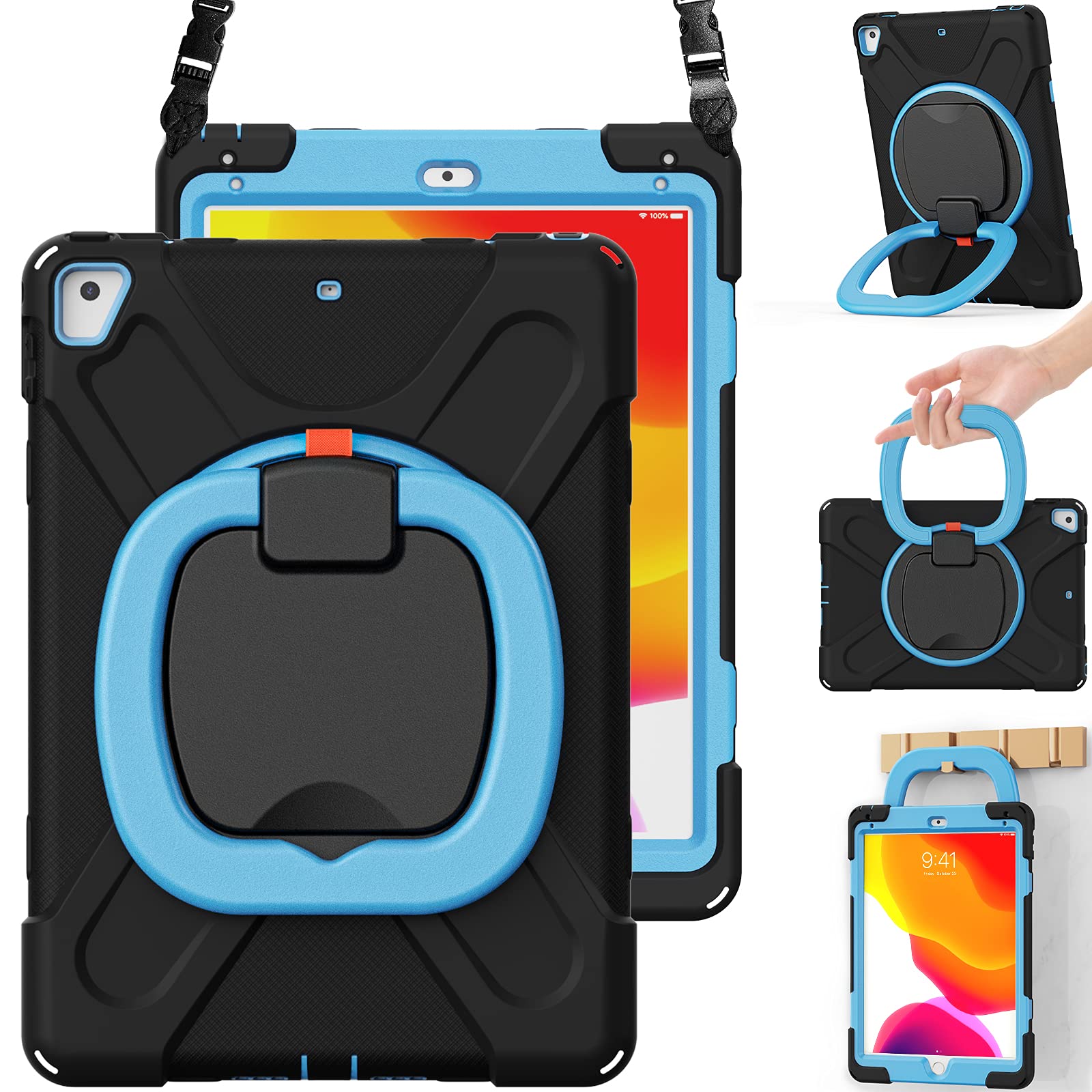 BRAECN Rugged 360° Rotating Handle iPad Case for iPad 6th/5th Gen, iPad Air 2, iPad Pro 9.7 - Shockproof Silicone Cover with Pencil Holder, Kickstand & Shoulder Strap (Black+Blue) - Perfect for School, Travel & Outdoor Use