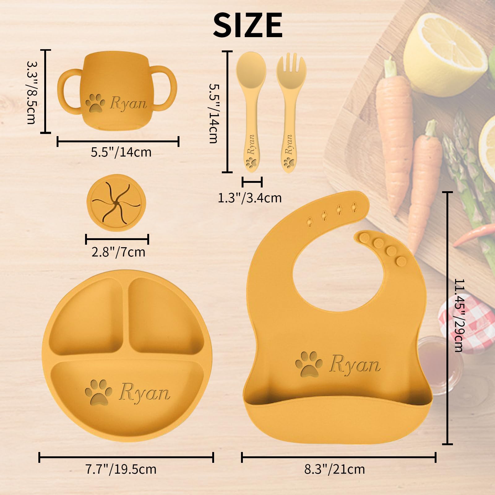 Personalized Silicone Baby Feeding Set - Custom Snack Cup with Lid, Adjustable Silicone Bibs, Soft Spoon & Fork - Baby Weaning Supplies & Divided Tableware Set - Perfect Baby Shower & Birthday Gift (Blue) - Ideal for Home, Travel & Daycare Use
