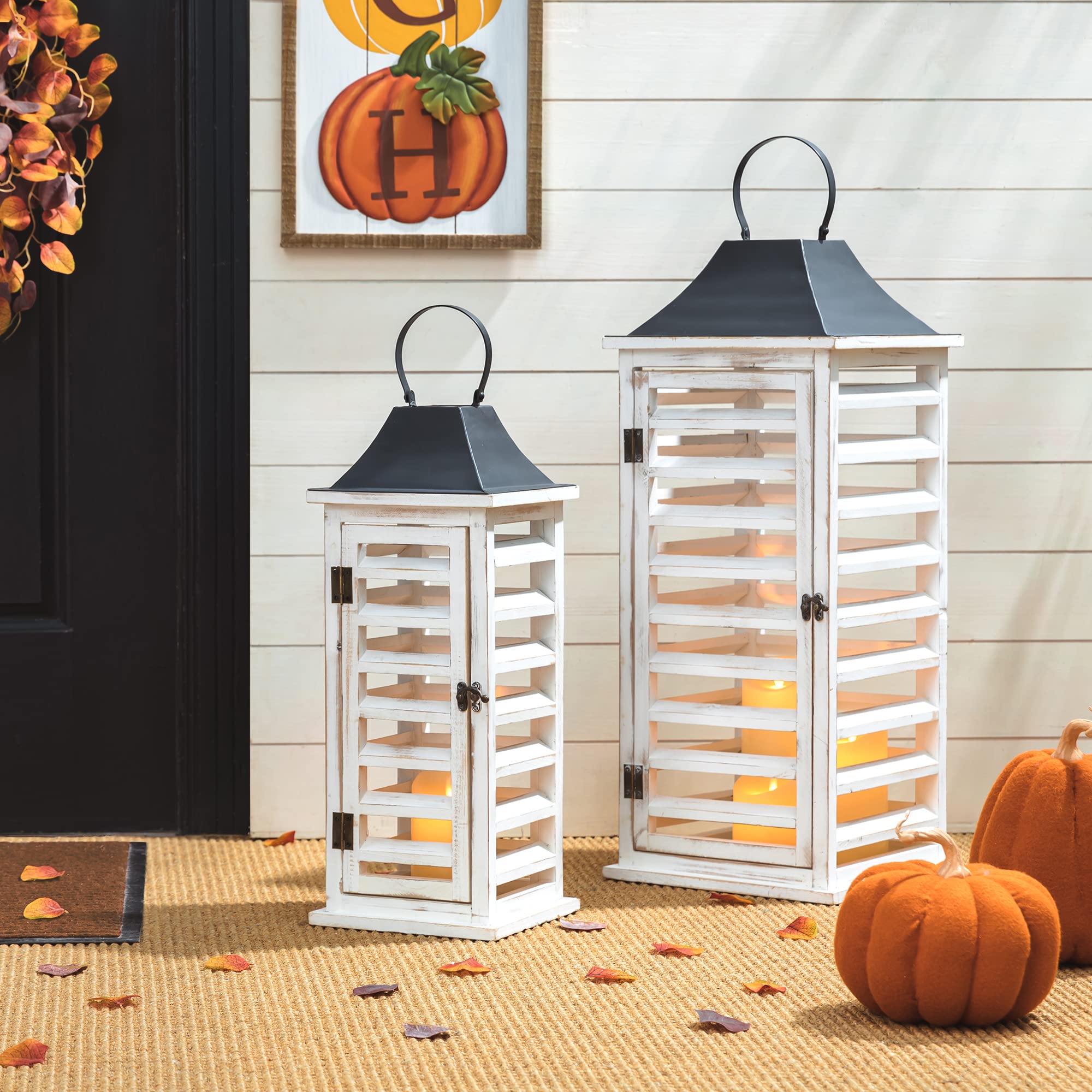 Glitzhome Farmhouse Wood Metal Candle Lanterns - Set of 2 Vintage Rustic Floor Lanterns with Distressed Shutter Design, Wash White Finish for Wedding, Garden, Patio & Outdoor Decor - Perfect for Romantic Ambiance and Rustic Home Decor