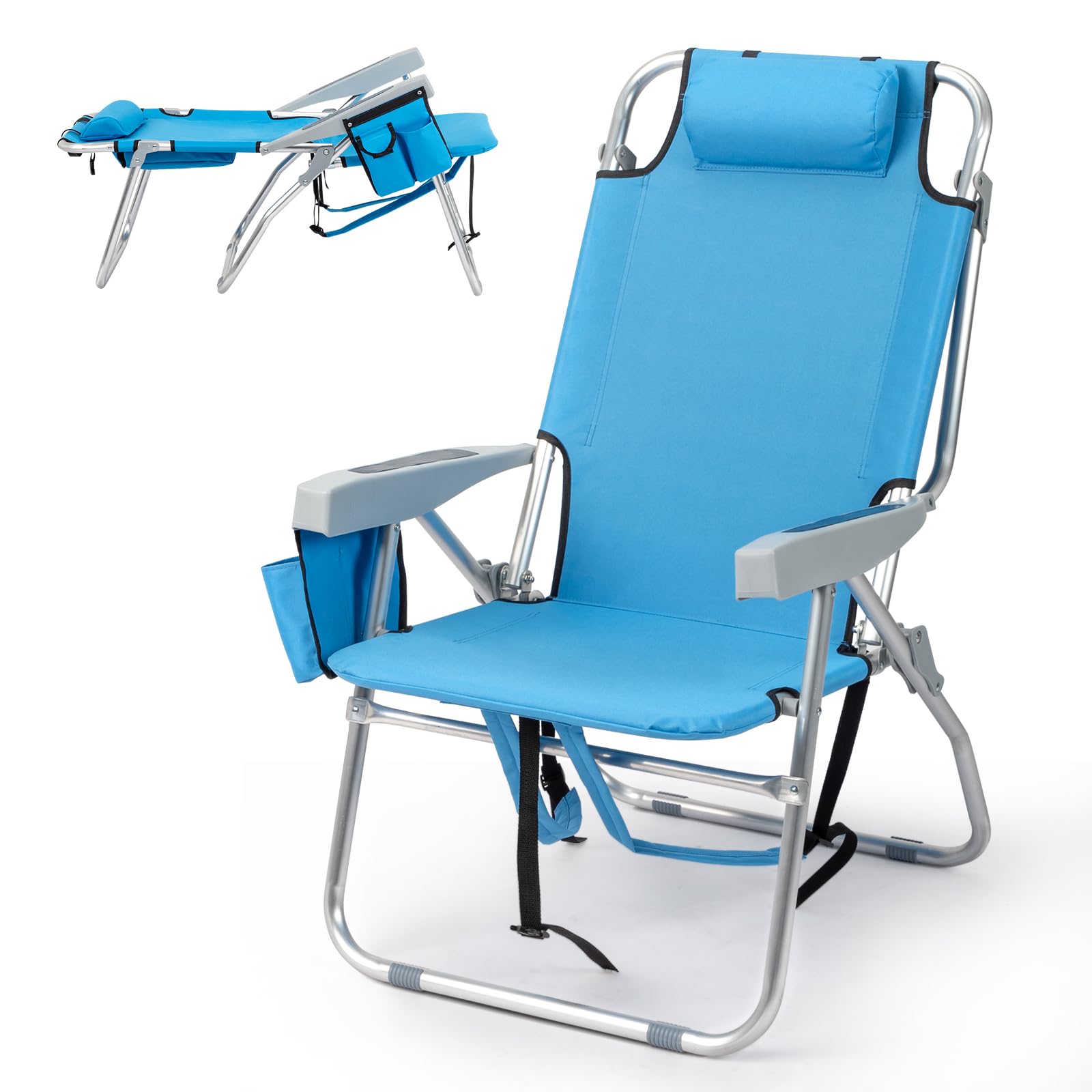 Outvita 5-Position Adjustable Backpack Beach Chair with Storage Bag, Cooler Pouch & Side Pockets - Portable Folding Chair for Beach, Pool, Lawn, Camping & Outdoor Relaxation
