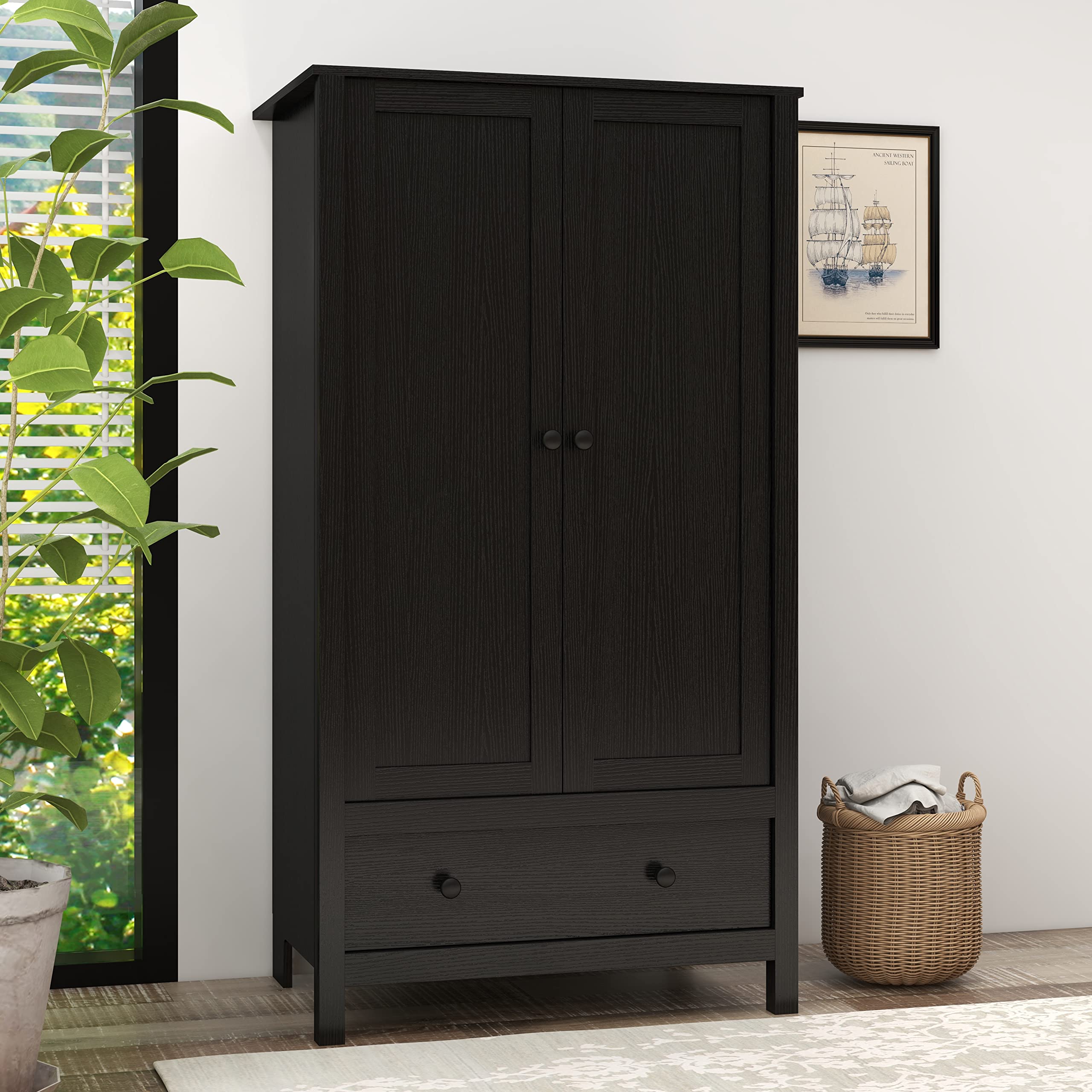 Panana 2 Door Wardrobe Closet with Drawer - Black Wooden Armoire for Bedroom Storage | Perfect for Organizing Clothes, Shoes & Accessories in Master Bedroom, Guest Room or Dorm