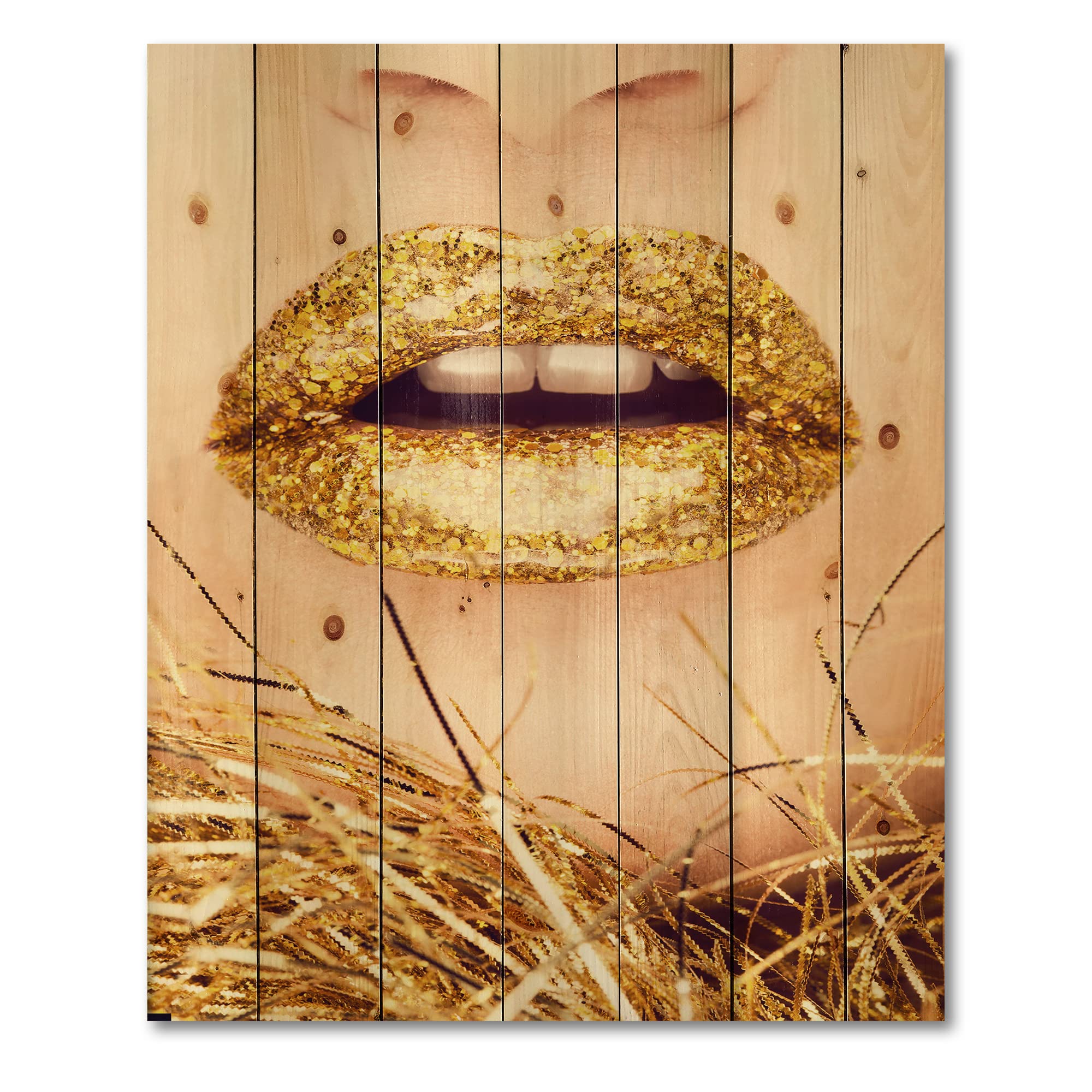 Golden Lips Wood Wall Art - Modern Pine Decor for Living Room
