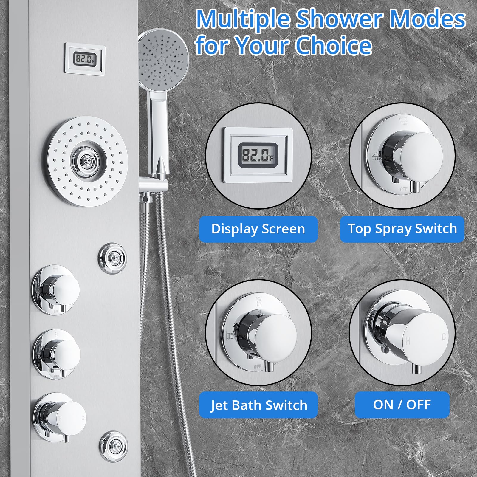 6-in-1 Stainless Steel Shower Panel Tower System with LED Rainfall, Waterfall & Handheld Shower Head - Wall Mounted Bathroom Faucet Set (Silver) | Perfect for Modern Home Spa, Luxury Bathroom Renovation & Relaxing Shower Experience
