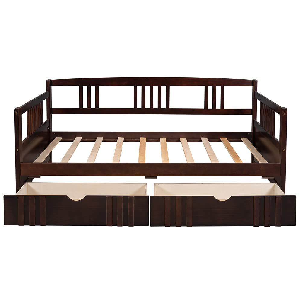 **Kids Daybed Sofa Bed with Pull-Out Storage Drawers & Wheels - Twin Size Pinewood Frame with Guardrails & Wood Slats (Espresso) - Perfect for Small Spaces, Guest Rooms & Kids' Bedrooms**