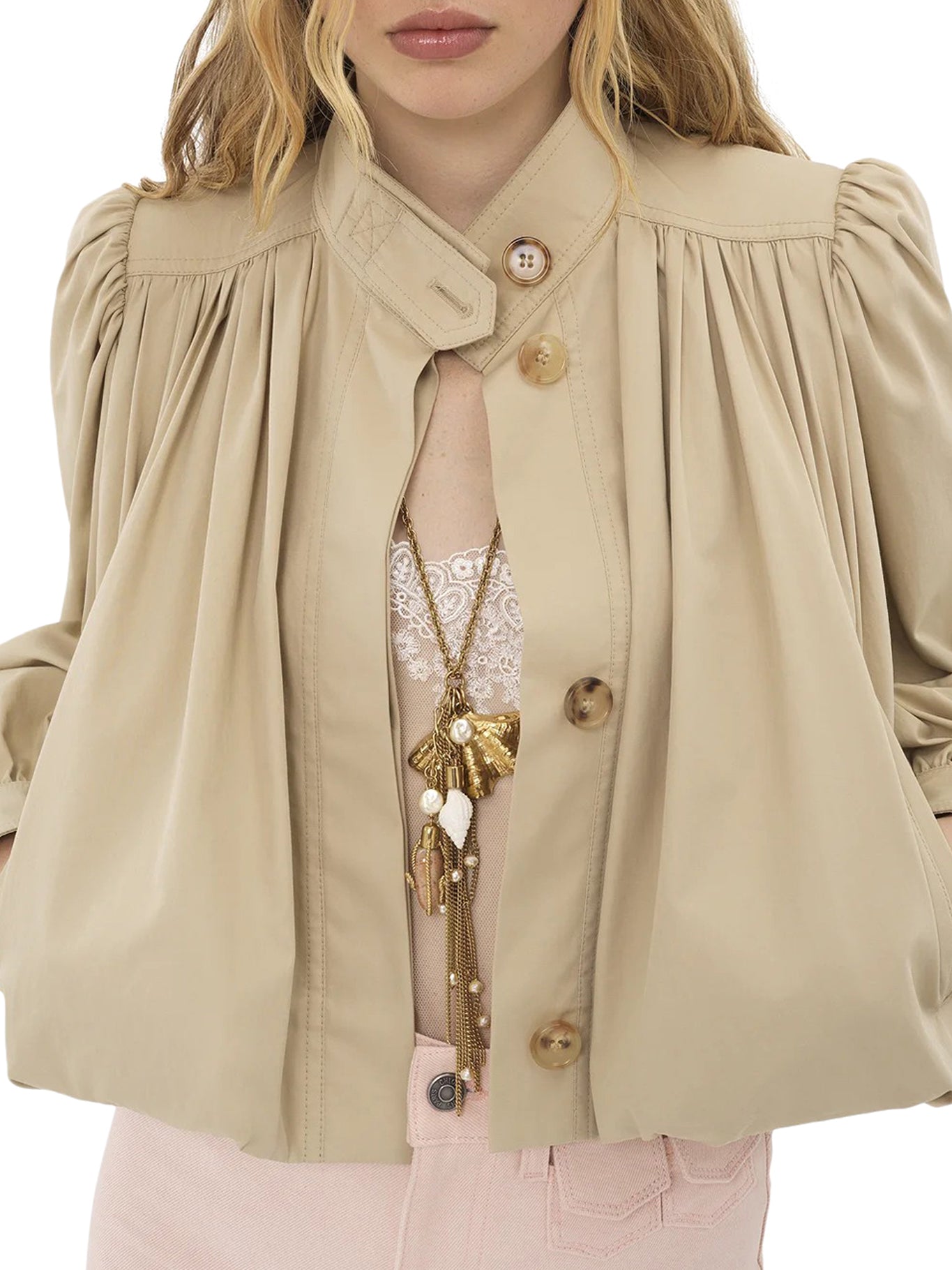 Gathered Boule Jacket in Cotton Gabardine - Women's Casual Outerwear for Fall & Winter | Perfect for Office, Travel, and Everyday Wear