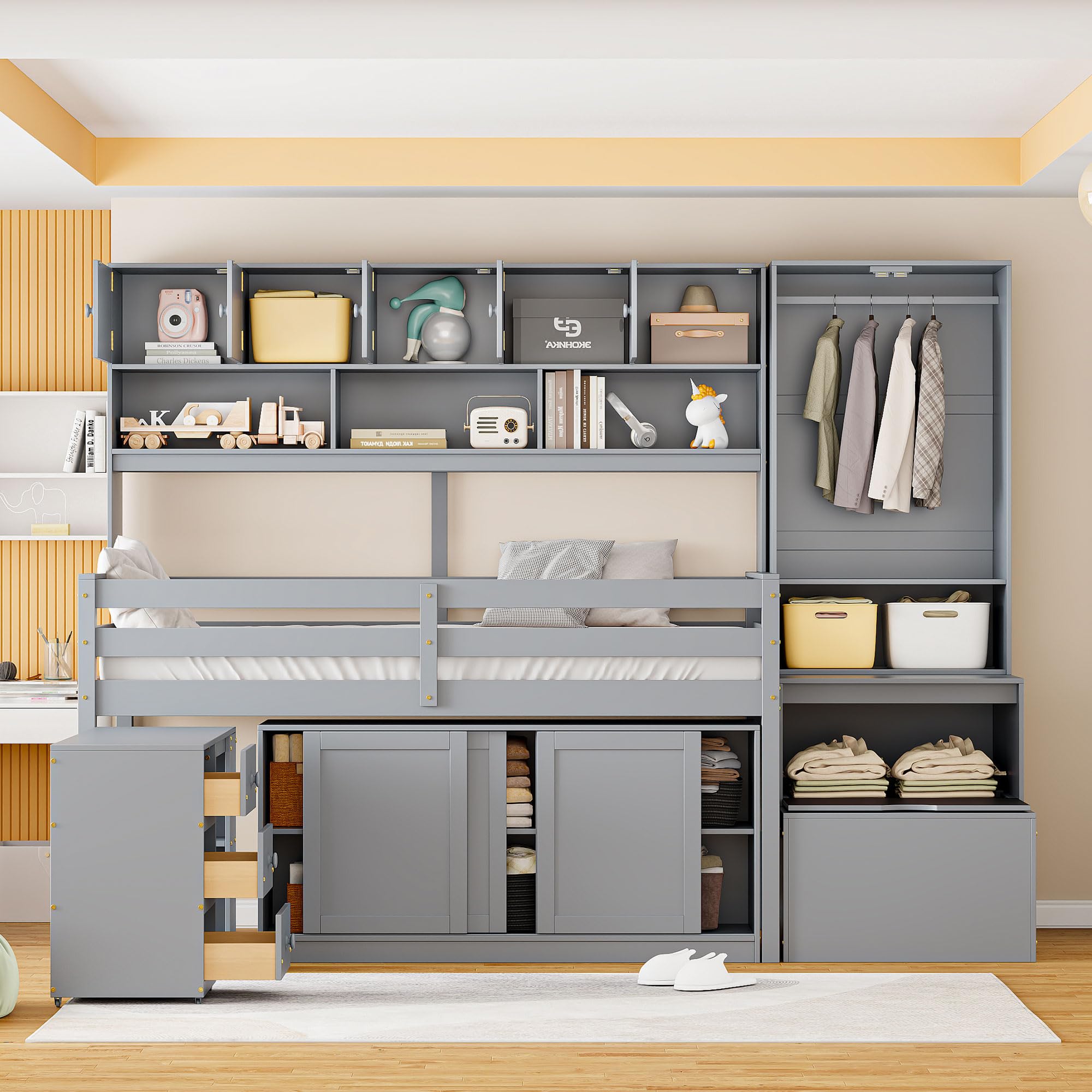 Harper & Bright Designs Kids Twin Low Loft Bed with Desk & Wardrobe - Wood Twin Loft Bed Frame with Storage Shelves & Cabinet - Perfect for Small Bedrooms, Kids & Teens Room - Space-Saving Gray Loft Bed for Study & Sleep