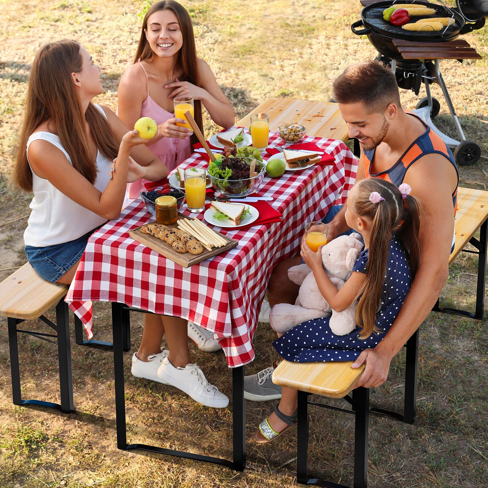 VINGLI 70 Inch Folding Picnic Table with Benches Set - Weather-Resistant Wooden Outdoor Dining Table, 3-Piece Portable Camping BBQ Table with Carry Handles - Perfect for Backyard, Garden, Patio, and Outdoor Gatherings