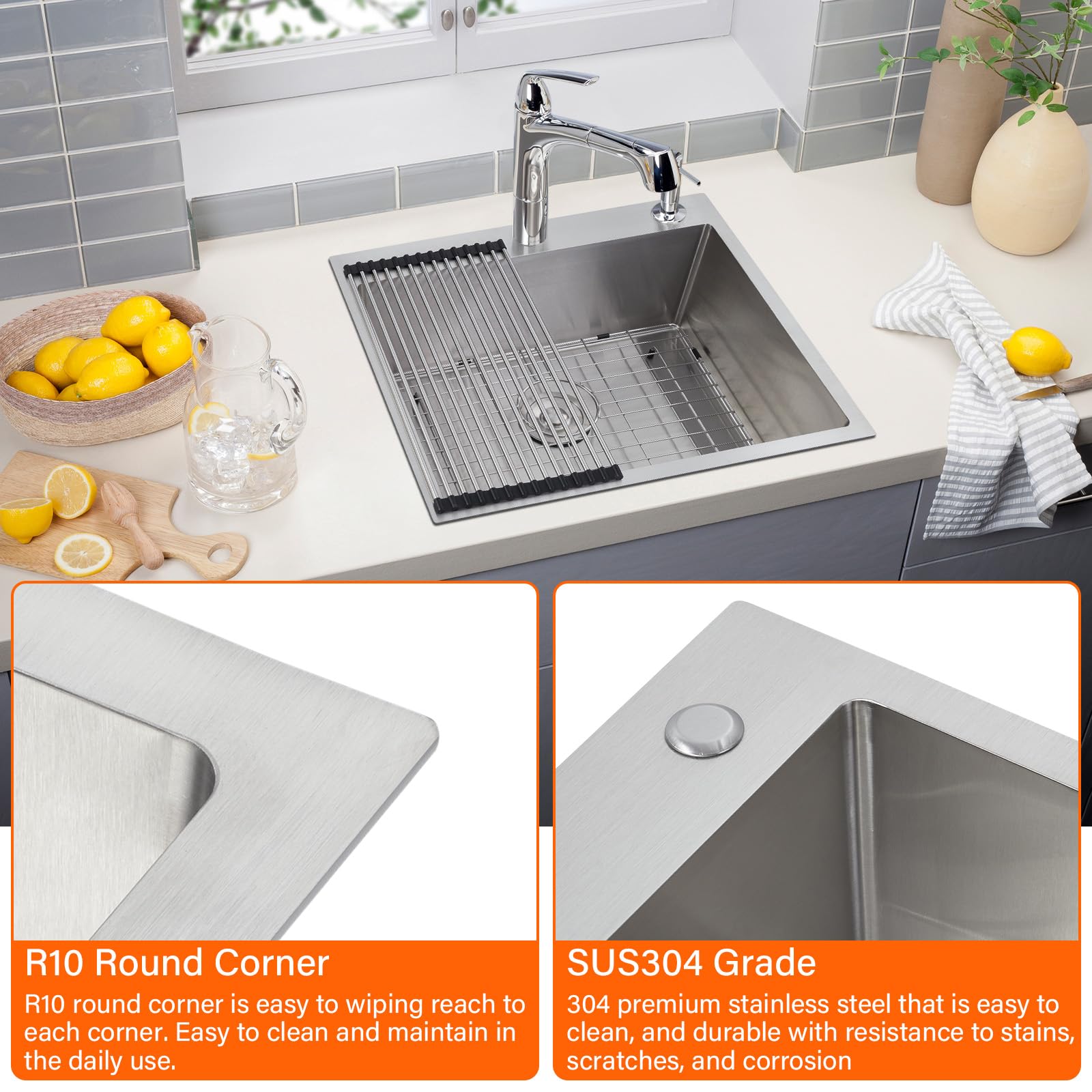 25 x 22 Inch Stainless Steel Topmount Single Bowl Kitchen Sink - Drop In Deep Basin for Home, RV, Prep Kitchen & Bar | Durable & Easy to Clean for Daily Cooking & Dishwashing
