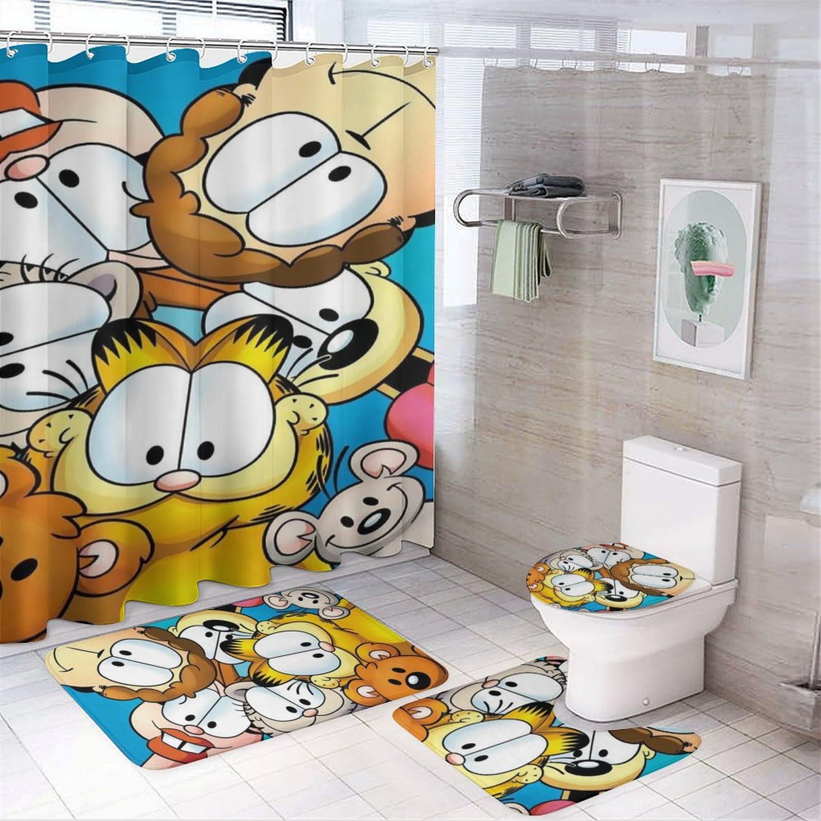 Cute Cartoon Cat Shower Curtain Set with Non-Slip Bath Rug, Toilet Lid Cover & Bath Mat - Waterproof Bathroom Decor Set for Kids & Adults - Perfect for Themed Bathrooms, Pet Lovers & Gift Giving