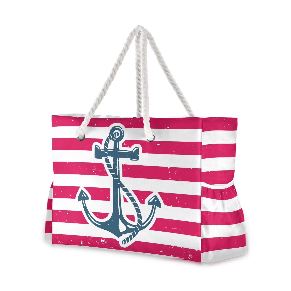 ALAZA Large Striped Beach Tote Bag for Women - Anchor Red Stripes Design, Reusable Grocery Shoulder Bag with Zipper Closure Pocket | Perfect for Beach Trips, Shopping & Travel Accessories