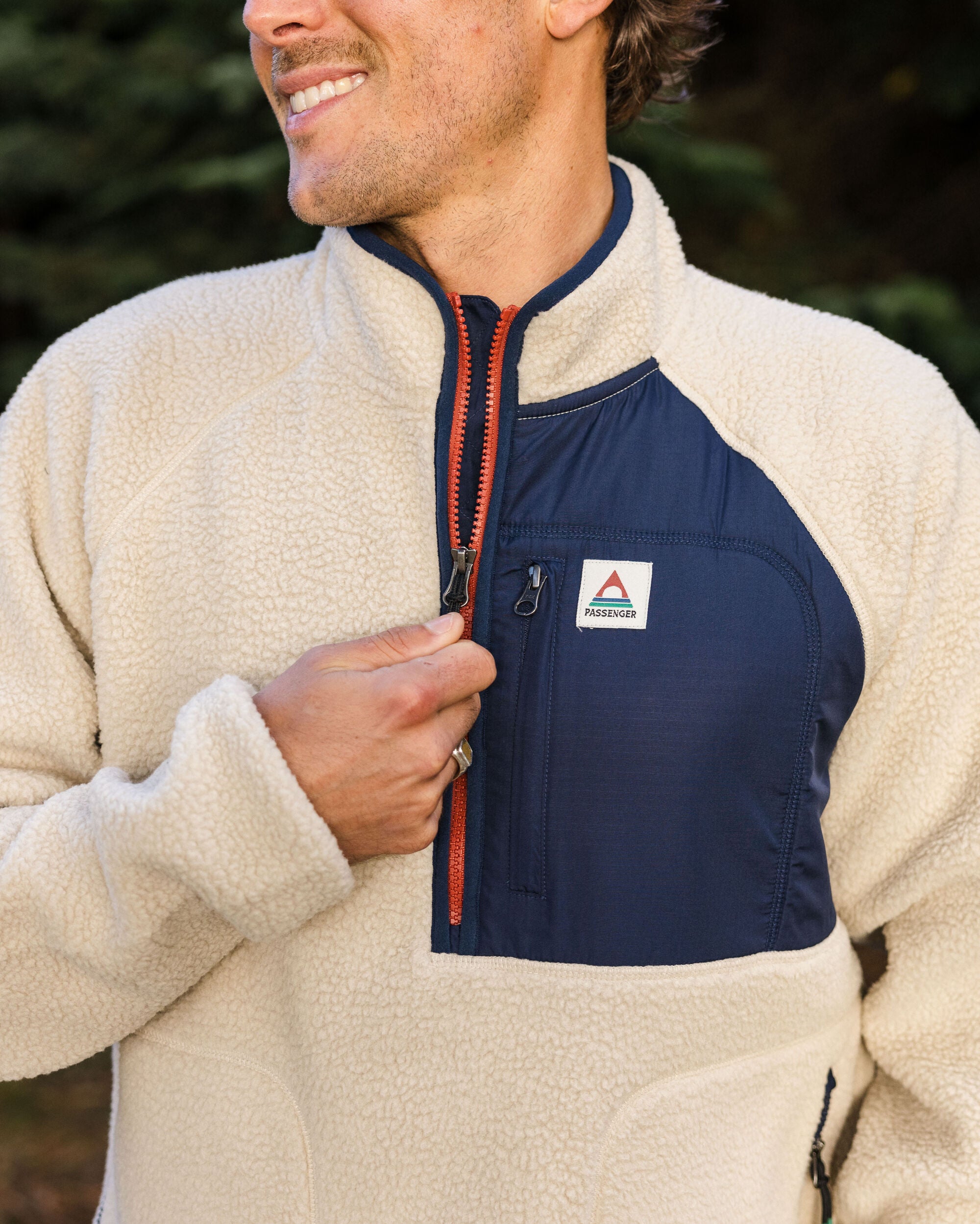 Offgrid 2.0 Half Zip Recycled Sherpa Fleece Jacket - Eco-Friendly Warm Pullover for Men & Women - Oatmeal/Navy - Perfect for Hiking, Camping & Outdoor Adventures