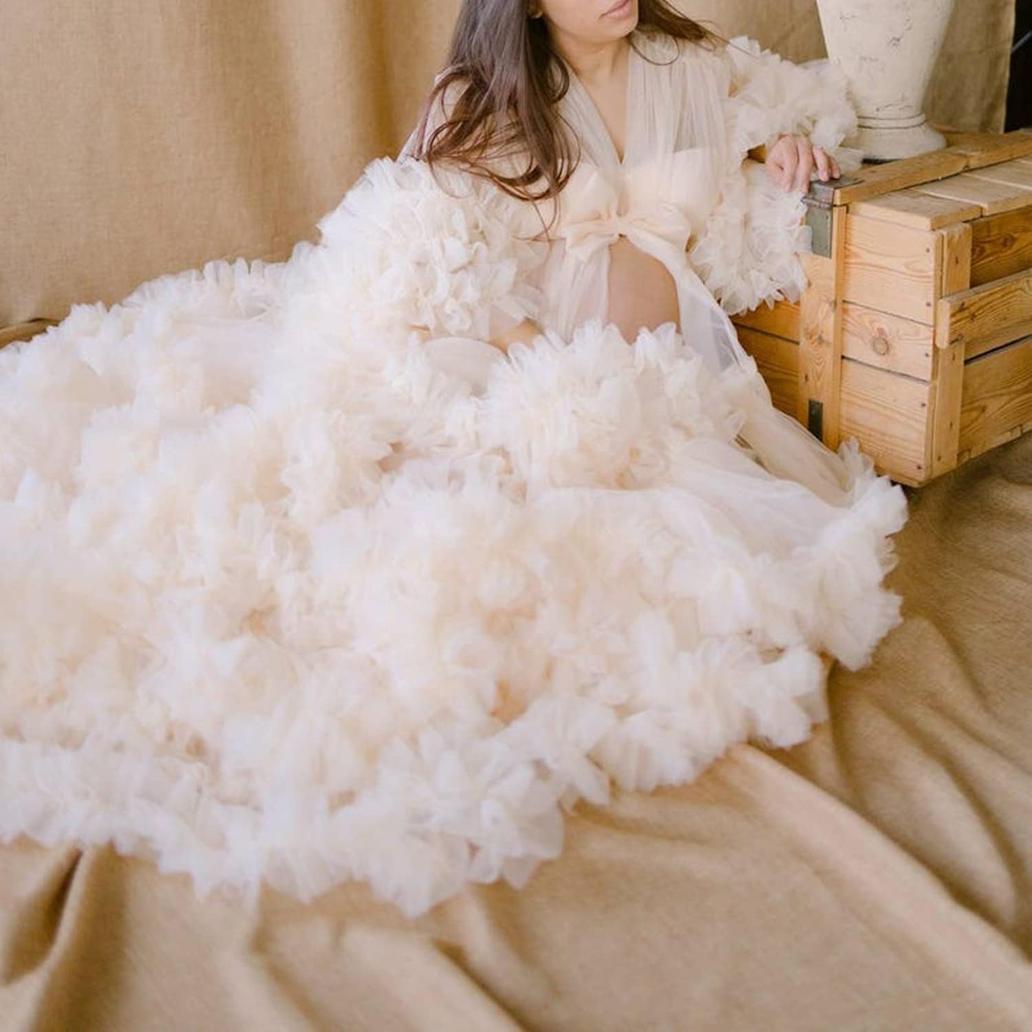 Elegant Tulle Maternity Robe - Long Lace Nightgown for Pregnancy Photoshoots & Baby Showers - Comfortable Nursing Dress for Expecting Mothers - Perfect for Maternity Photos, Bridal Showers & Special Occasions - SZPD09