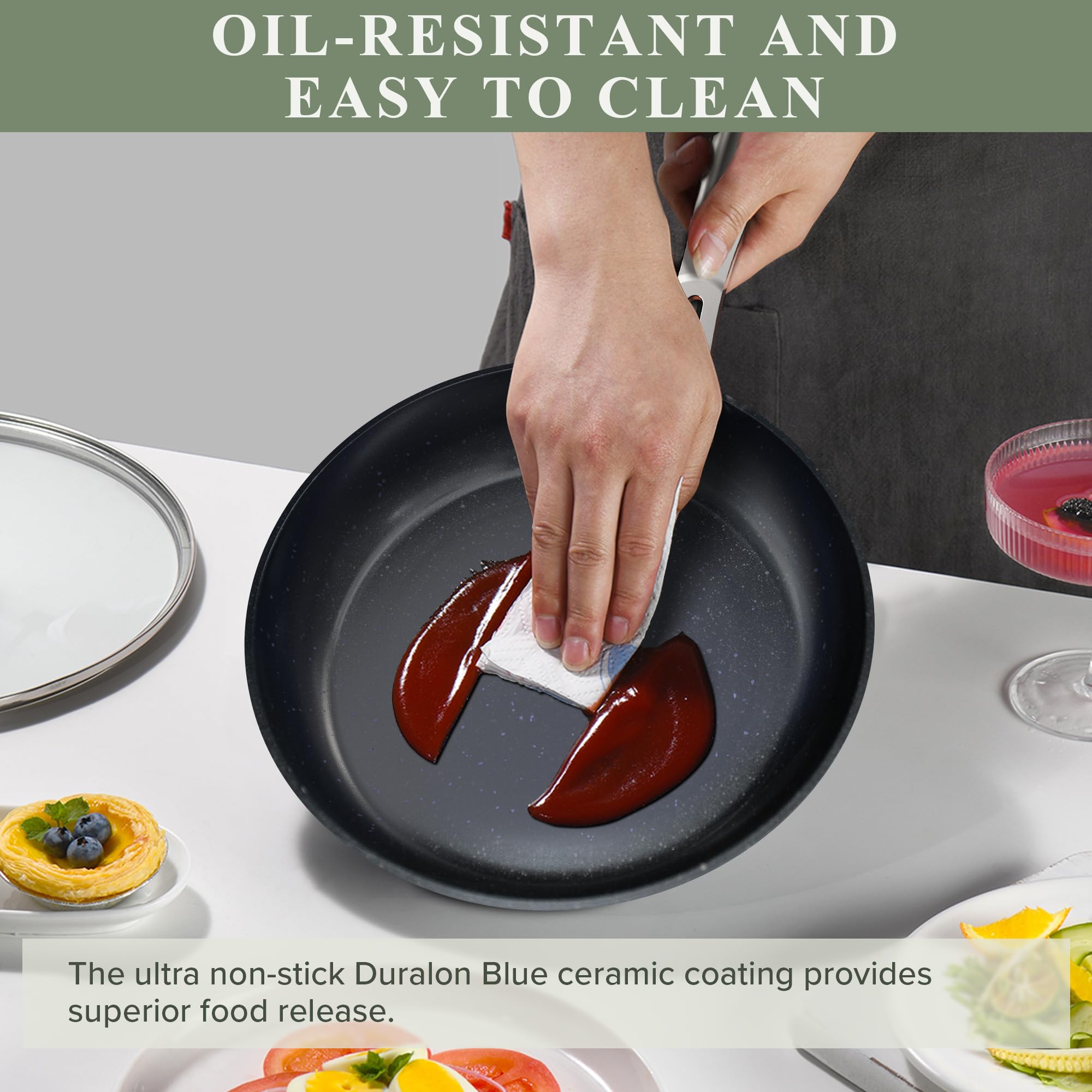 Nuwave Healthy Duralon Blue Ceramic Nonstick Cookware Set - Diamond Infused Scratch-Resistant, PFAS Free, Dishwasher & Oven Safe, Induction Ready with Even Heating, Tempered Glass Lids & Stay-Cool Handles - Perfect for Frying, Sauteing & Baking in Modern Kitchens