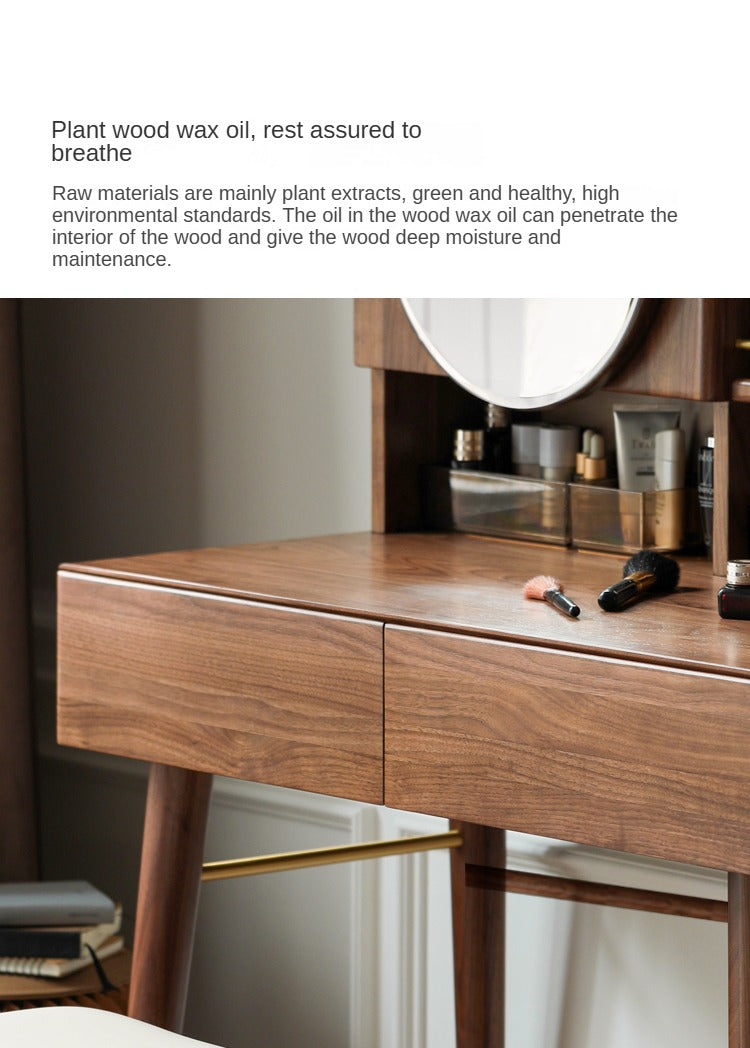 Black Walnut Solid Wood Moon Makeup Mirror Vanity Dressing Table - Elegant Bedroom & Bathroom Decor for Women