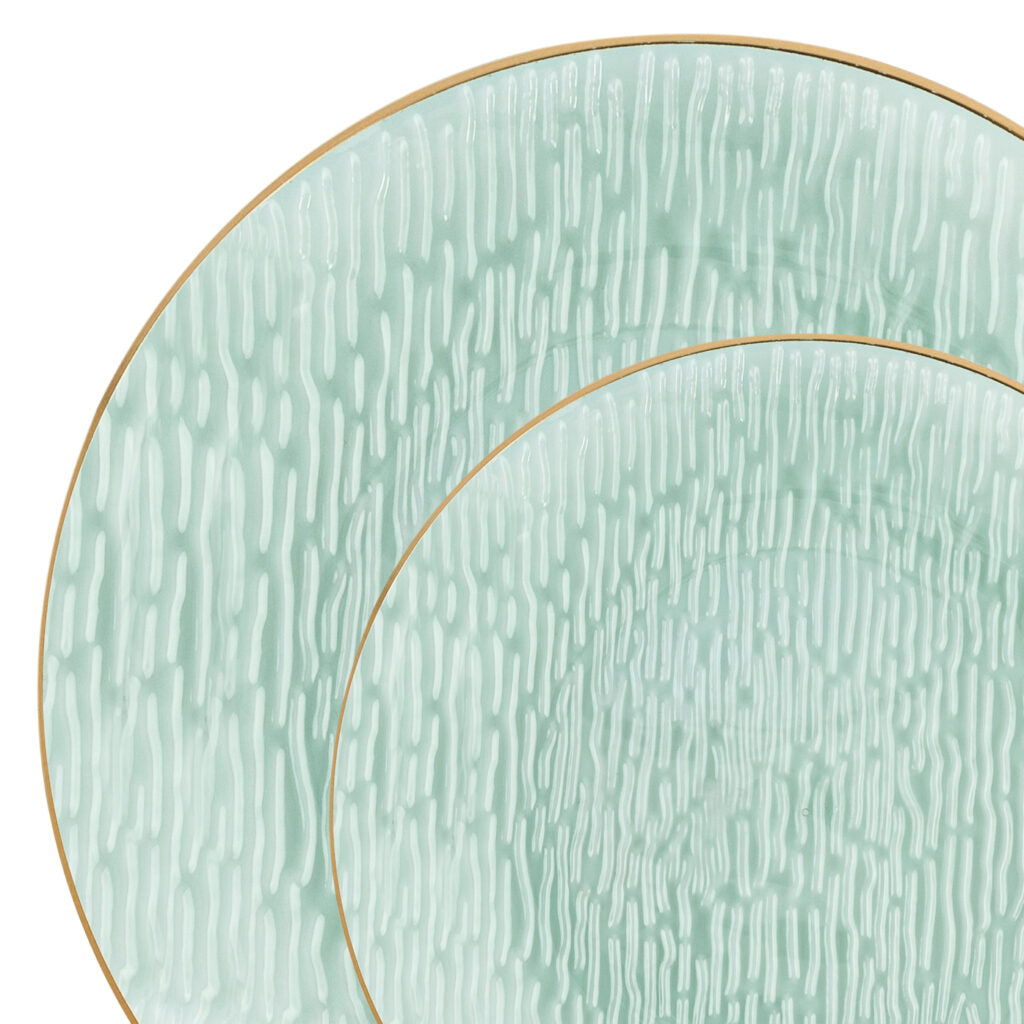 24-Pack Transparent Green & Gold Rim Round Plastic Dinnerware Set - 12-Piece Service for 12 Guests - Shatterproof Party Plates, Cups & Bowls - Perfect for Weddings, BBQs, Picnics & Outdoor Events
