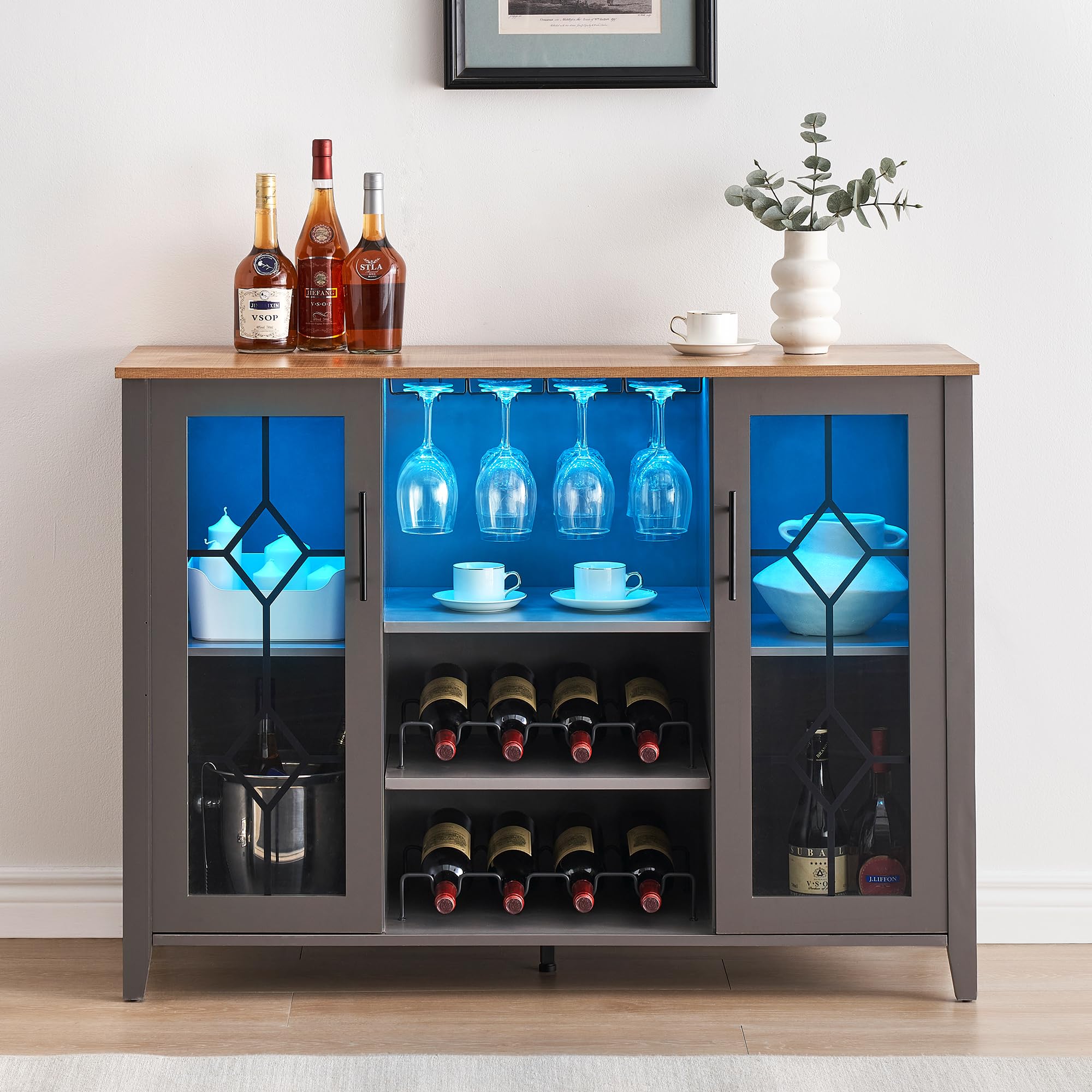 IDEALHOUSE Wine Bar Cabinet with LED Light - Modern Home Coffee Cabinet with Wine & Glass Rack, Kitchen Buffet Sideboard with Storage - Stylish Liquor Cabinet for Bar, Dining Room & Kitchen (Dark Grey) - Perfect for Entertaining, Home Decor & Small Space Storage