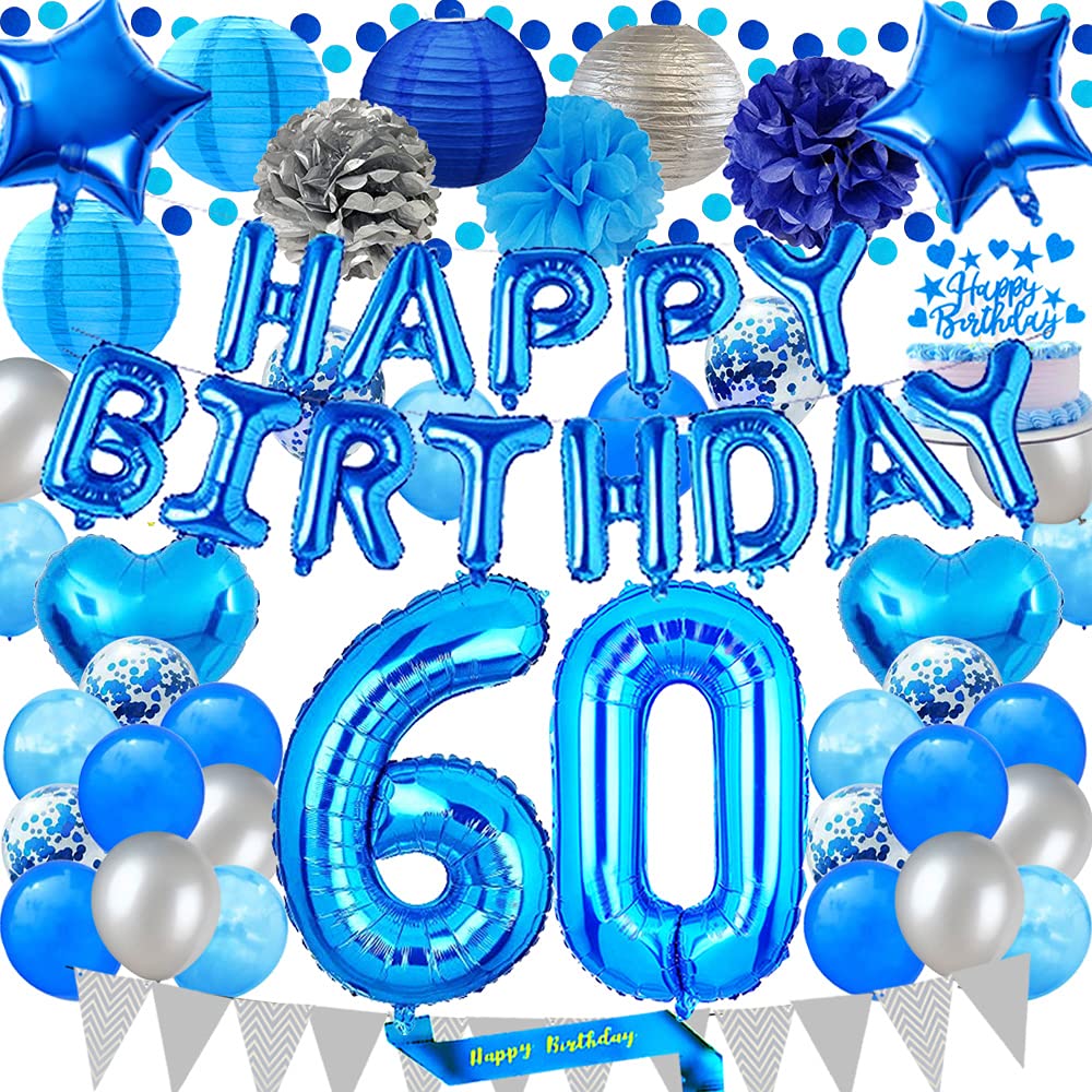 60th Birthday Party Decorations Set - Blue Happy Birthday Banner, Sash, Cake Topper & Balloons for 60 Years Old Celebration | Perfect for Milestone Birthday Parties, Retirement Celebrations & Anniversary Decor