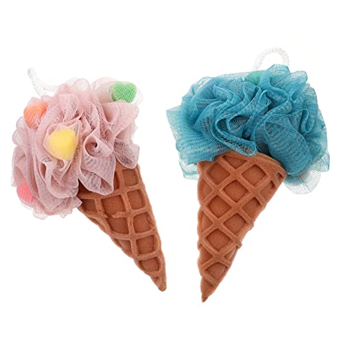 COHEALI 2Pcs Bath Loofah Sponge - Ice Cream Cone Shower Sponge & Exfoliating Mesh Pouf for Kids, Men & Women | Soft Body Scrubber for Gentle Exfoliation | Perfect Bath Toys for Toddlers & Fun Bath Time (Dark Blue & Khaki)