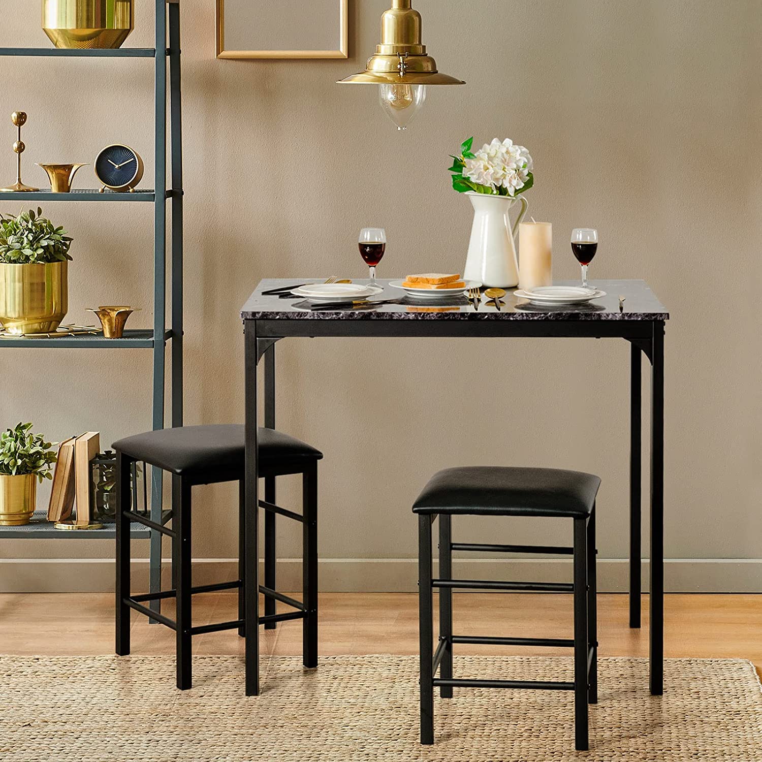 FANTASK 3-Piece Counter Height Dining Table Set for 2 - Small Kitchen Table with 2 Faux Leather Backless Stools - Space-Saving Design for Apartments, Kitchens & Bars (Black) - Perfect for Breakfast Nooks, Small Dining Areas & Studio Apartments