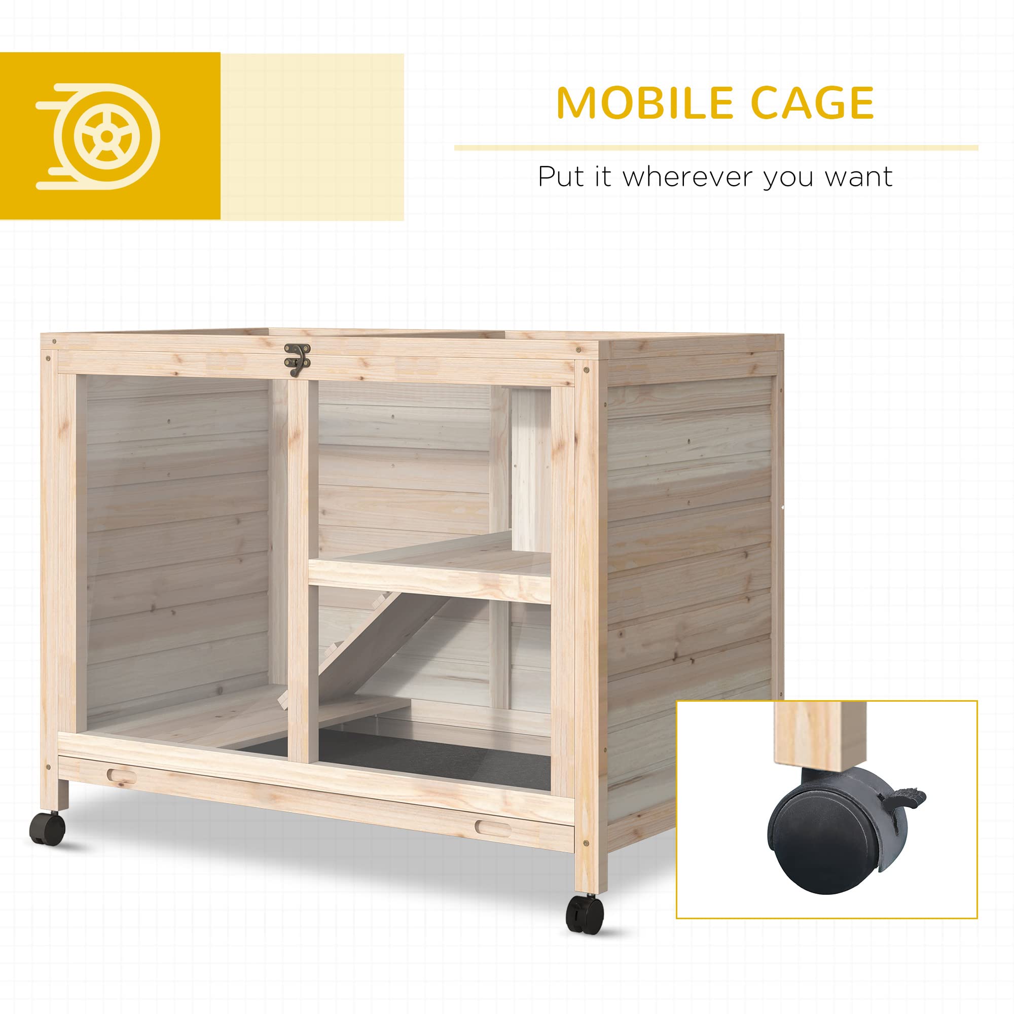 PawHut Wooden Rabbit Hutch with Wheels - Waterproof Bunny Cage with Removable Tray & Openable Roof - Indoor/Outdoor Small Animal House for Rabbits, Guinea Pigs - Perfect for Backyard, Garden or Patio Use