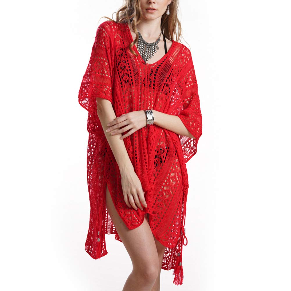 Lucare Women's V-Neck Crochet See-Through Bikini Cover Up - Summer Beach Loose Mini Dress for Pool Party & Vacation | Lightweight Swimwear Cover Dress