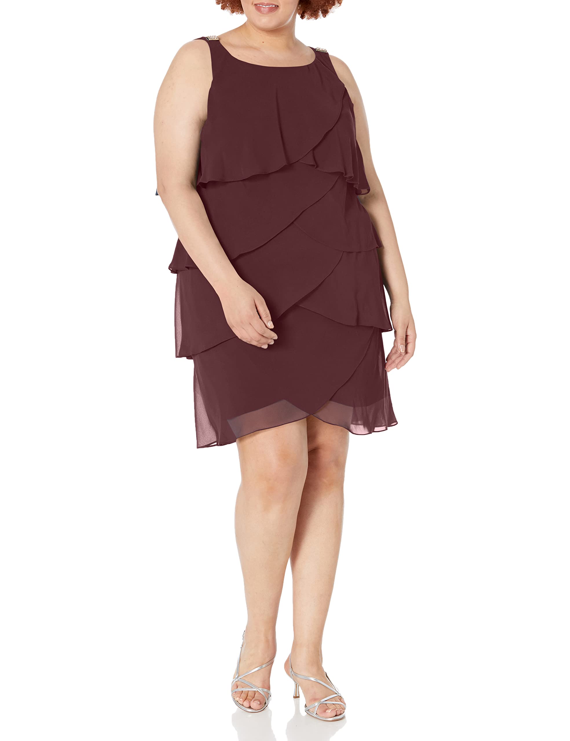S.L. Fashions Women's Plus Size Solid Color Multi-Tier Embellished Shoulder Dress for Party, Wedding & Special Occasions