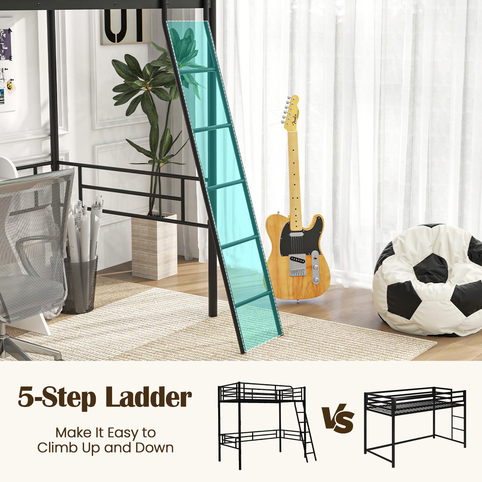 Giantex Twin Size Metal Loft Bed Frame with Ladder & Safety Guardrail - Space Saving Bunk Bed for Teens and Adults - No Box Spring Needed - Black - Perfect for Small Bedrooms, Dorms, and Studio Apartments