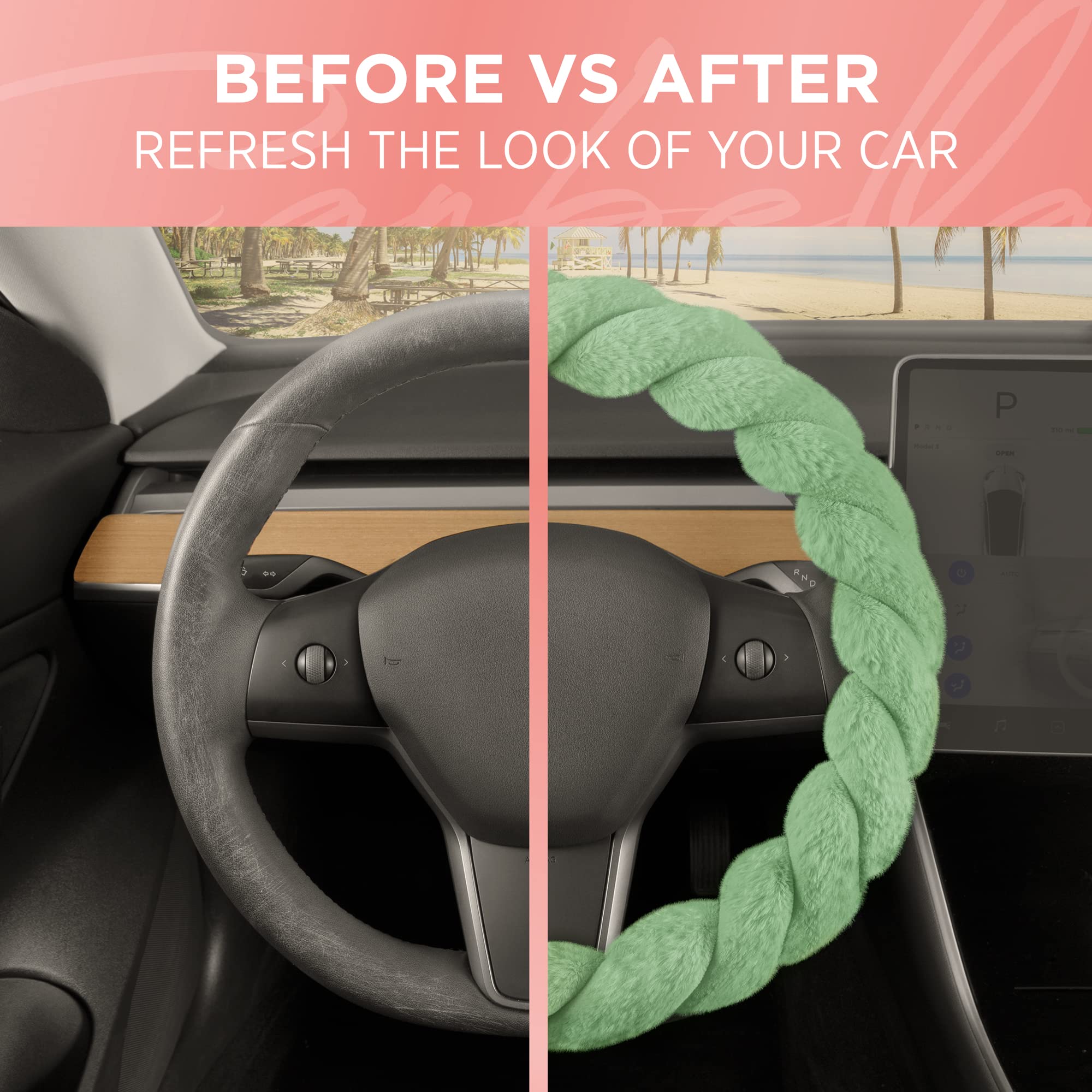 Soft Faux Fur Green Steering Wheel Cover - 15 Inch Universal Fit for Most Cars, Fluffy & Cozy Car Accessories for Women - Perfect for Winter Driving & Stylish Interior Upgrade