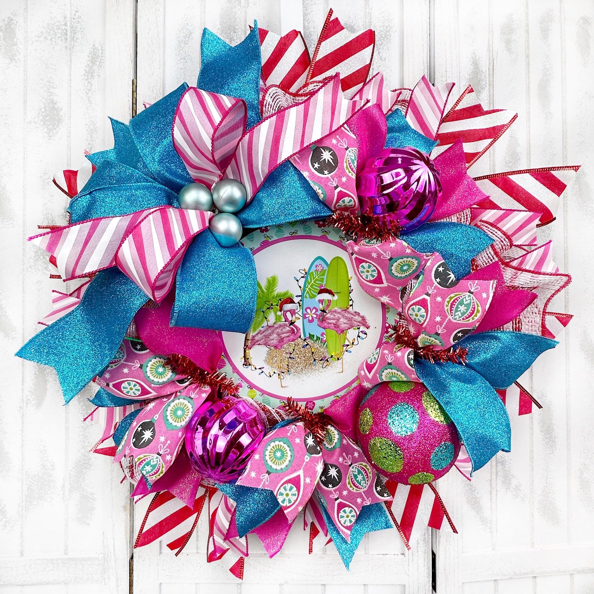 Handmade Coastal Flamingo Christmas Wreath with Ornaments & Bow - Nautical Beach Holiday Door Decor for Christmas, Home, Party