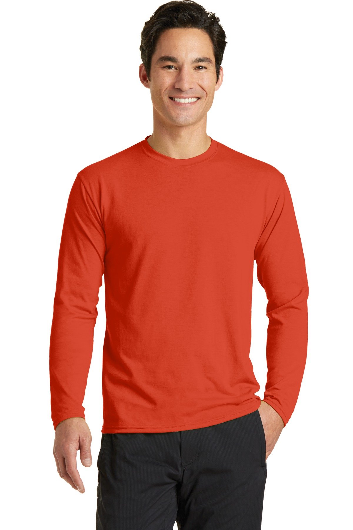 Port & Company PC381LS Long Sleeve Performance Blend T-Shirt - Moisture Wicking, Breathable Workout Tee for Men & Women in Vibrant Orange - Perfect for Gym, Running, Yoga & Outdoor Activities
