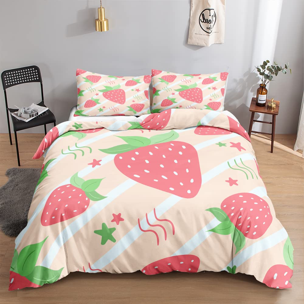 **BailiPromise Cartoon Strawberry Printed Duvet Cover Set - Queen Size Bedding for Kids, Girls & Teens - Soft & Breathable Comforter Cover with Zipper & 2 Pillowcases (No Quilt Included) - Perfect for Kids' Bedrooms, Sleepovers & Cozy Nights**
