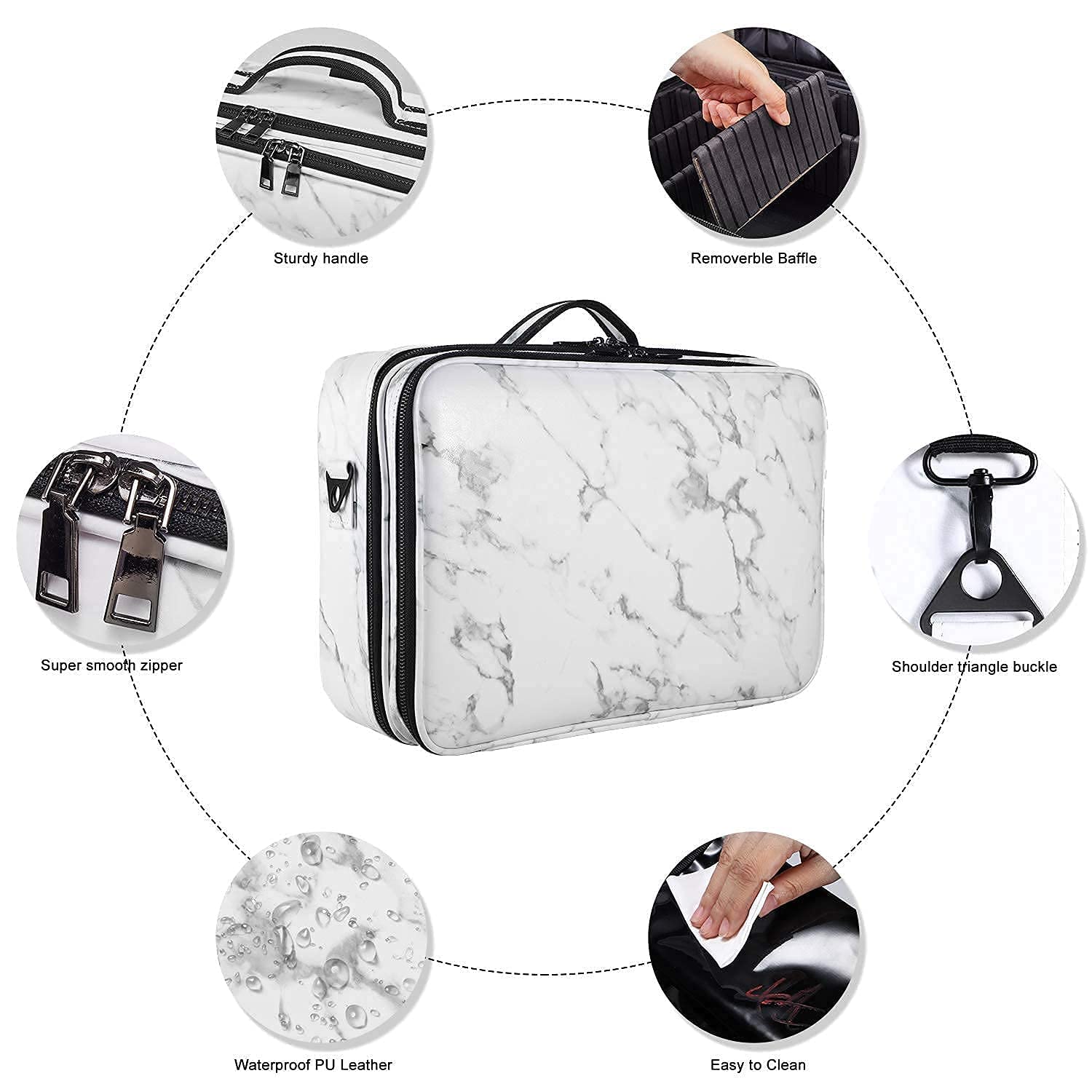 JOURMON Travel Makeup Case - Portable Cosmetic Train Case Organizer with Adjustable Dividers & Shoulder Strap for Makeup Brushes & Toiletries | Perfect for Travel, Salon Professionals & Home Storage (Marble White Black, Large)