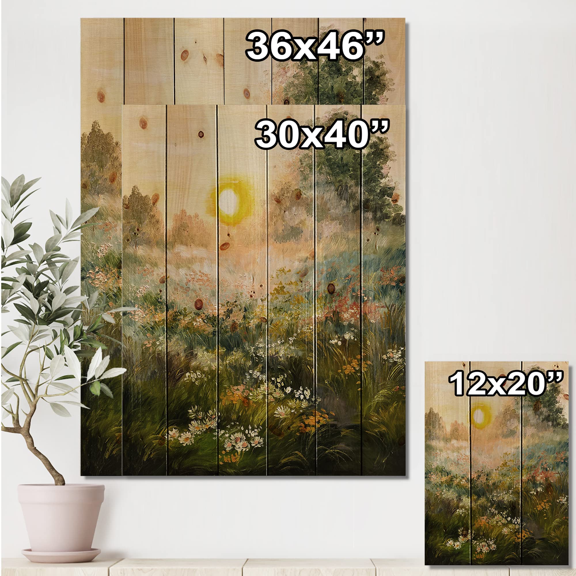 DesignQ Sunrise In The Blossoming Field Farmhouse Wood Wall Decor - Large Green Landscape Wall Art Panel Printed on Natural Pine Wood - Perfect for Living Room, Bedroom & Home Office Decor