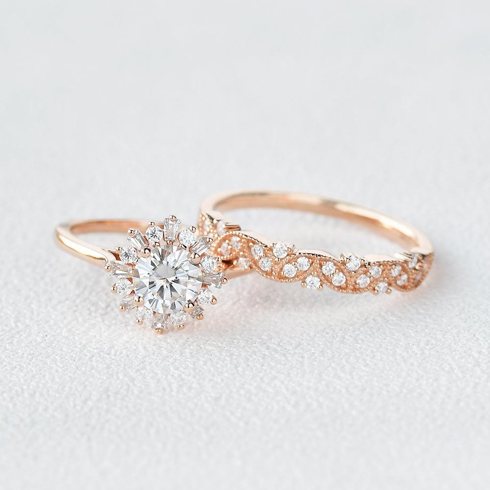 Moissanite Halo Yellow Gold Engagement Ring Set - 2 Piece Bridal Wedding Band for Women - Perfect for Proposals, Anniversaries & Special Occasions