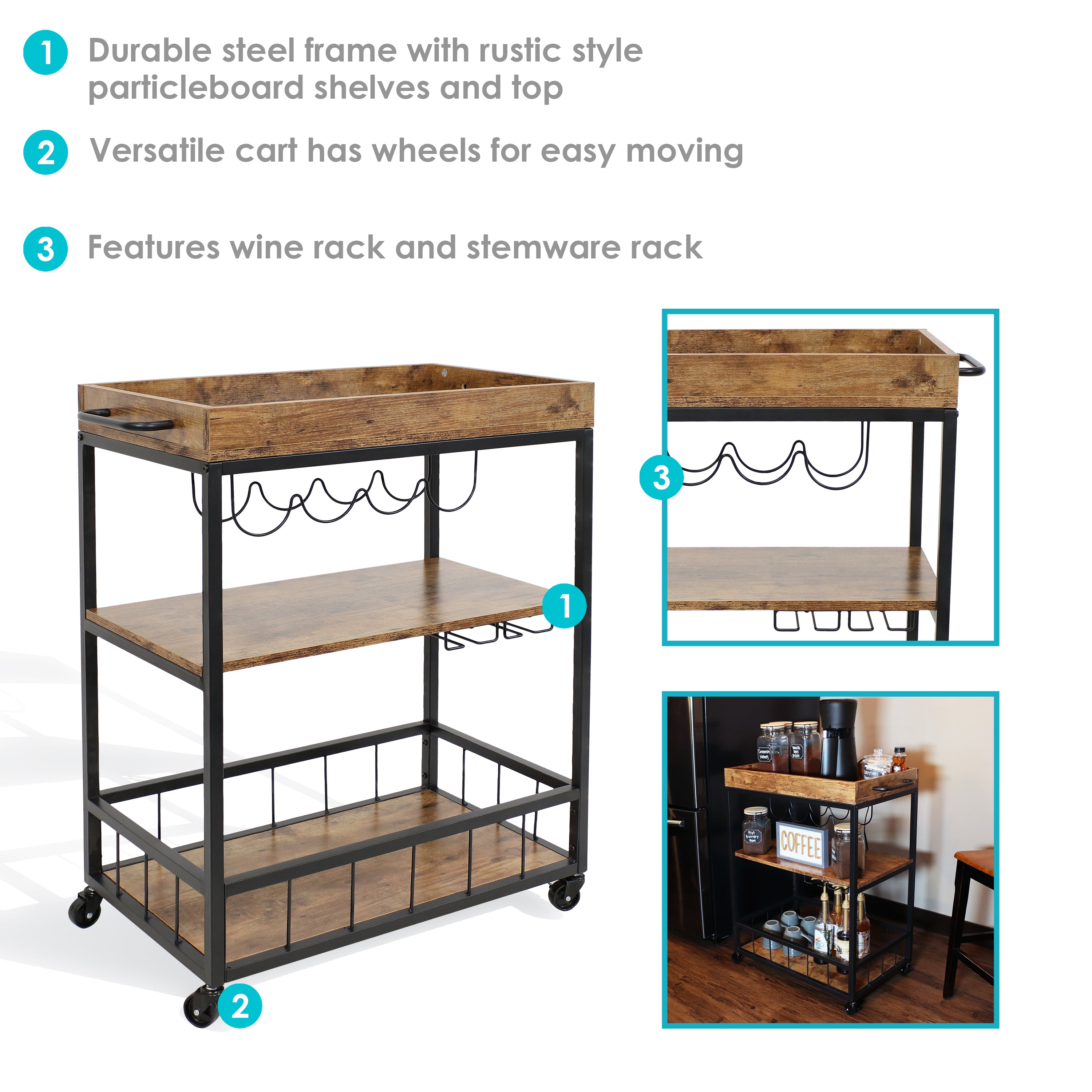 Sunnydaze Industrial Rolling Bar Cart - 35