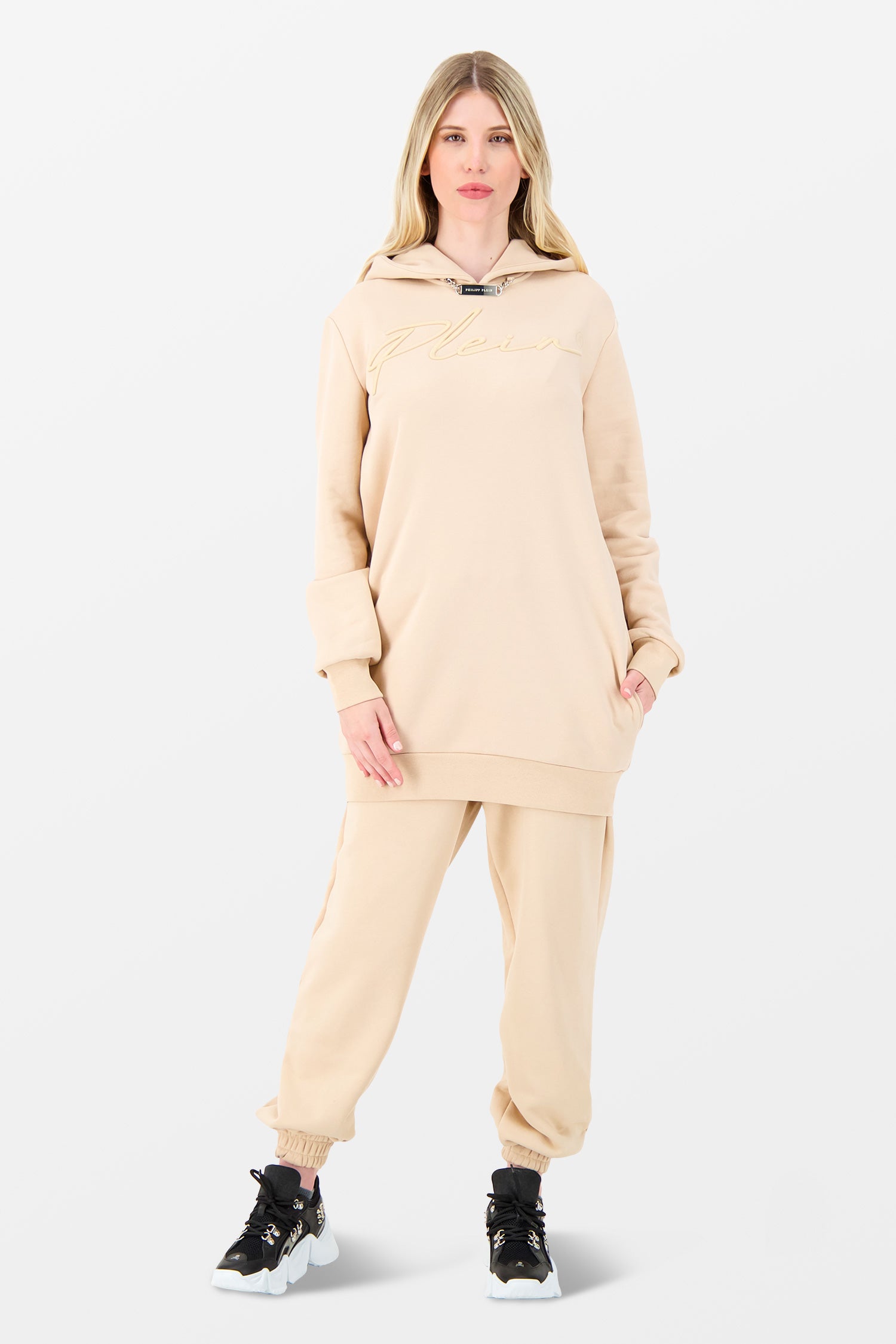 Philipp Plein Beige Embroidery Signature Trousers for Women - High Waist Casual Pants with Unique Design | Perfect for Office, Party & Everyday Wear