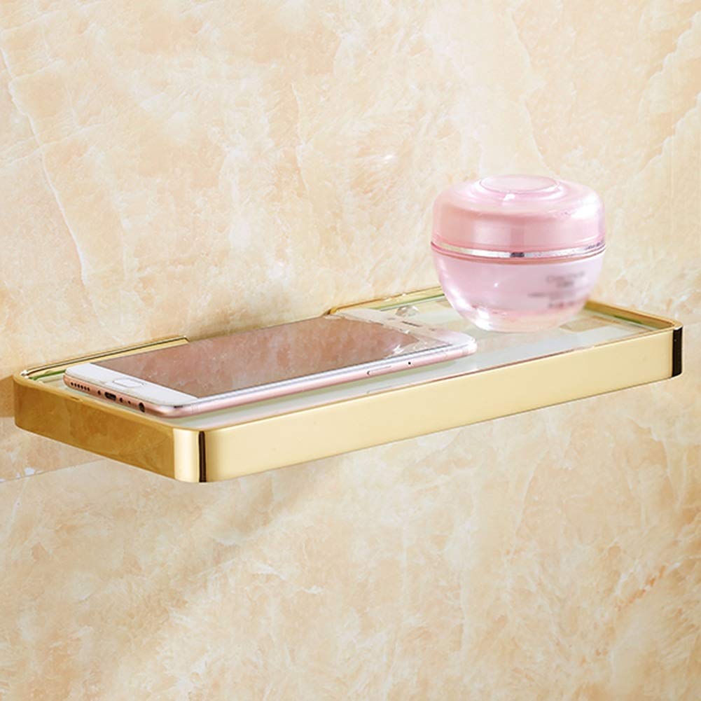 Multifunctional Wall Mounted Shelf - Tempered Glass Bathroom Organizer with Copper Frame for Cosmetic Storage (Gold, 255x125x20mm) - Perfect for Small Space Organization in Bathroom, Bedroom or Kitchen