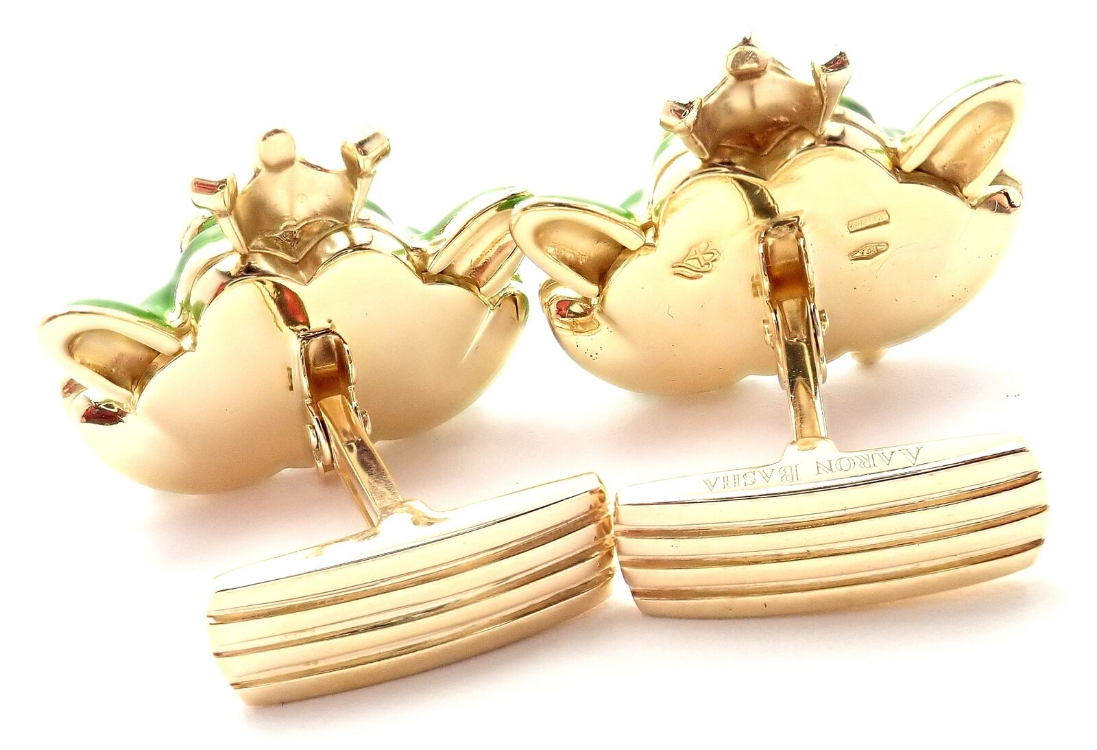 Authentic Aaron Basha 18k Yellow Gold Diamond Enamel Frog Prince Cufflinks - Luxury Gift for Men, Perfect for Weddings & Formal Events