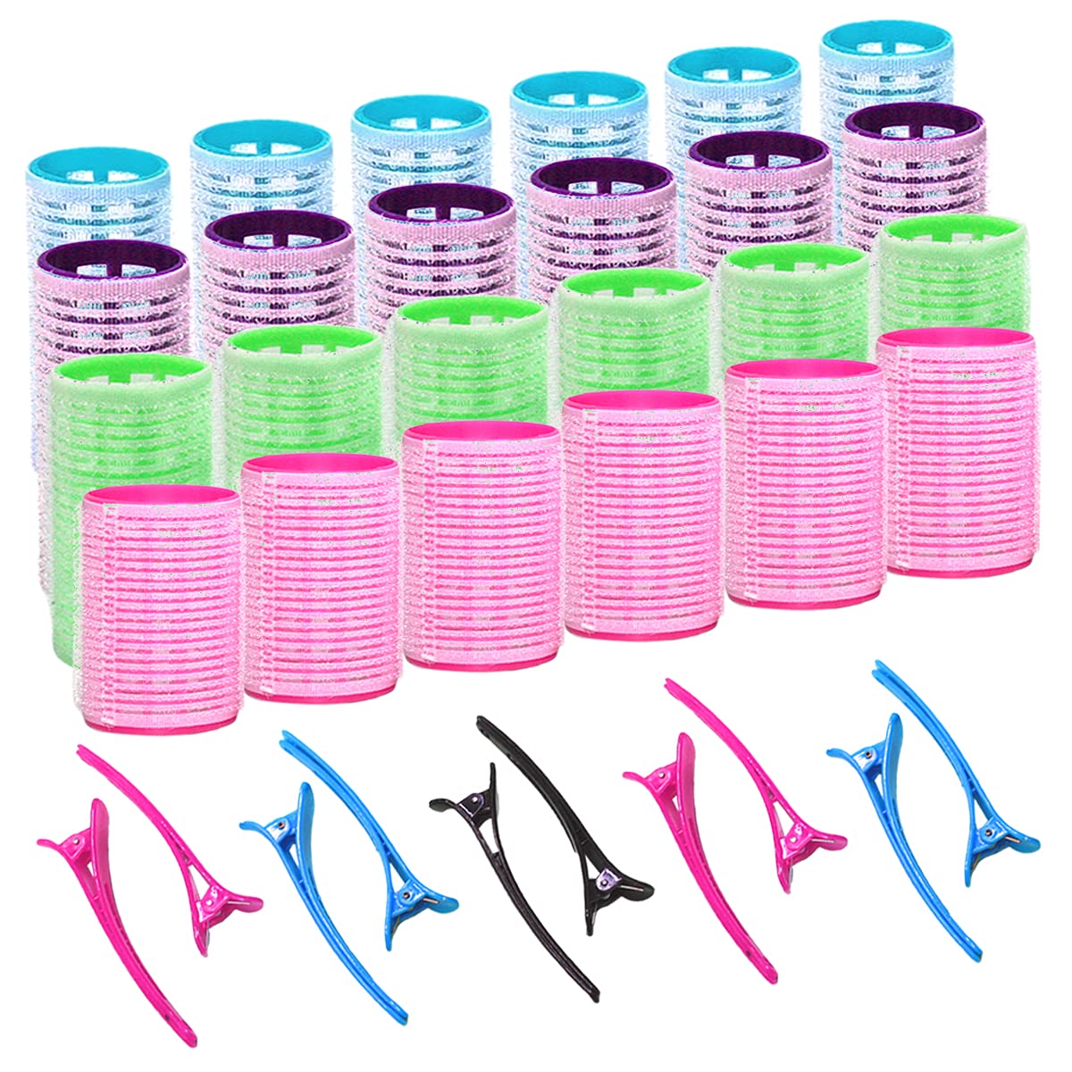 34-Piece Hair Rollers Set with 24 Self-Grip Curlers (18mm-40mm) & 10 Duckbill Clips - Professional Hair Styling Tools for Men, Women & Kids - Perfect for Salon, Home Use & DIY Hairstyles