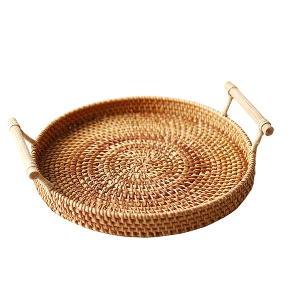 UXZDX CUJUX Round Rattan Storage Tray - Handwoven Wicker Basket for Bread, Fruits & Breakfast Serving | Perfect for Kitchen Counter, Dining Table & Farmhouse Decor
