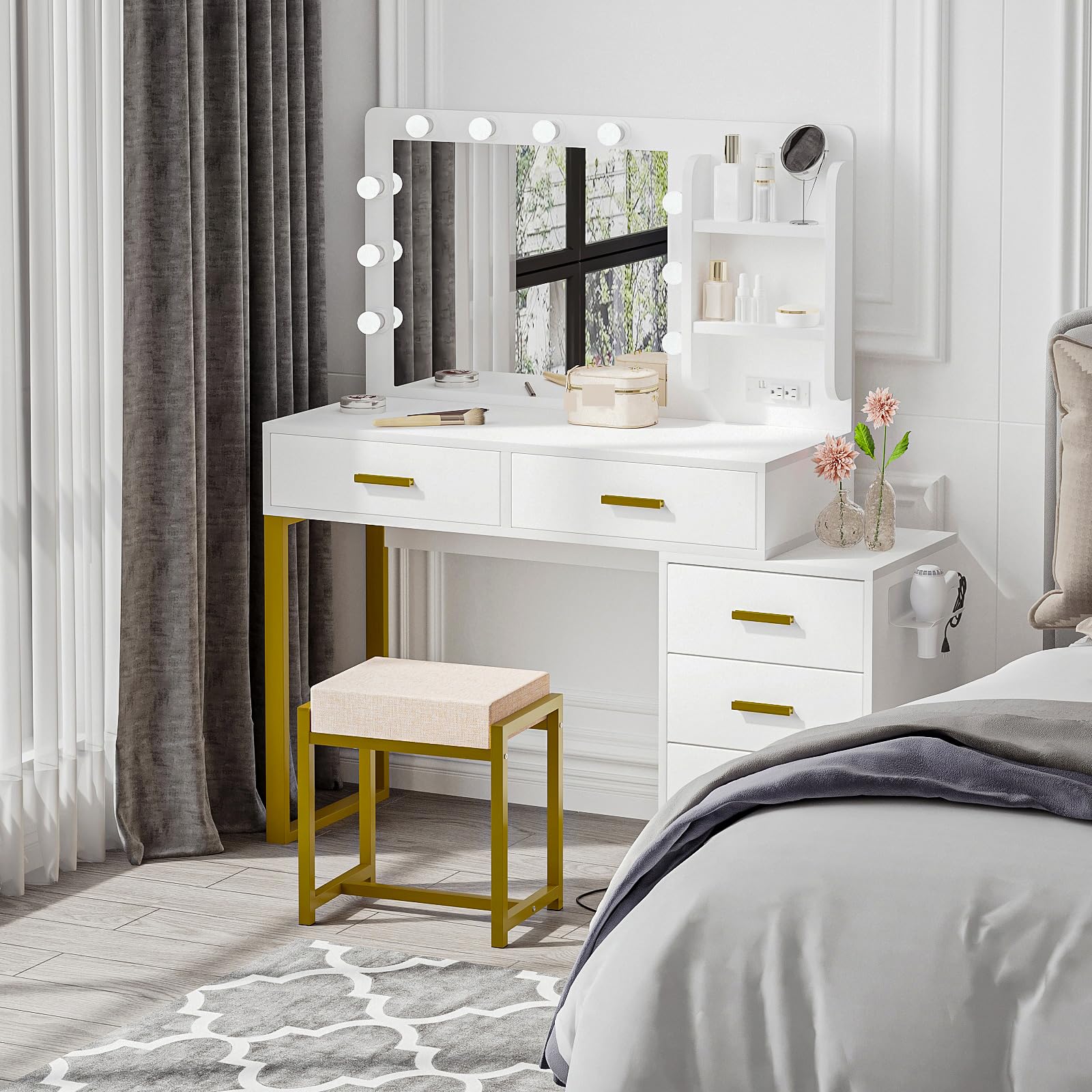 White Makeup Vanity Desk with LED Lights & Mirror - 3 Color Modes, 5 Drawers, Power Outlet & Chair Set - Perfect for Bedroom, Dressing Room & Beauty Salon